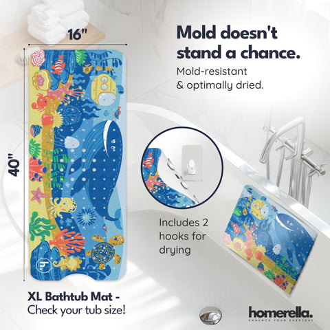 Homerella bath mat with included hooks for quick air-drying.