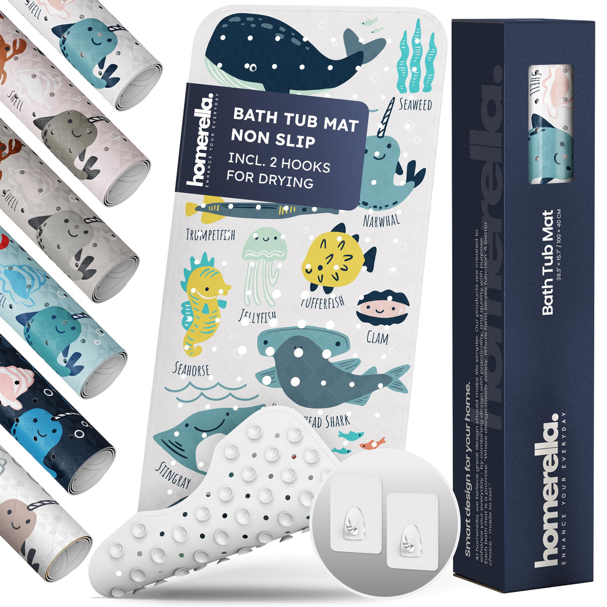 Homerella Ocean Sea Animals bath mat 40x16 with colorful sea creatures for safe bathing.