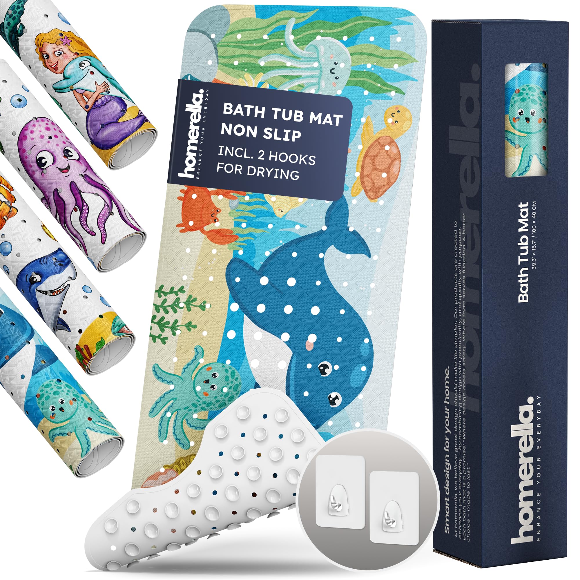 Homerella Ocean Sea Animals bath mat with 200+ suction cups for a secure grip on smooth tubs.