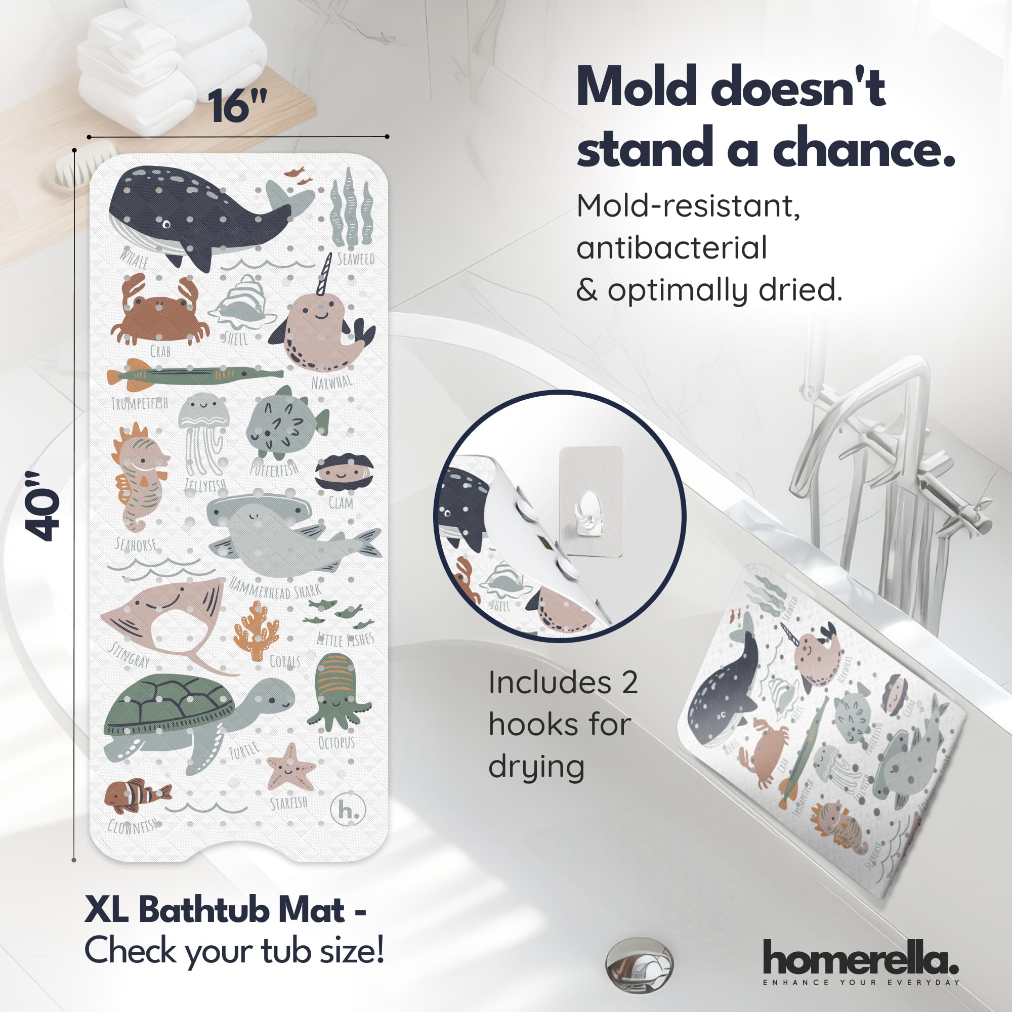 Homerella bath mat drainage holes promote quick drying after baths.