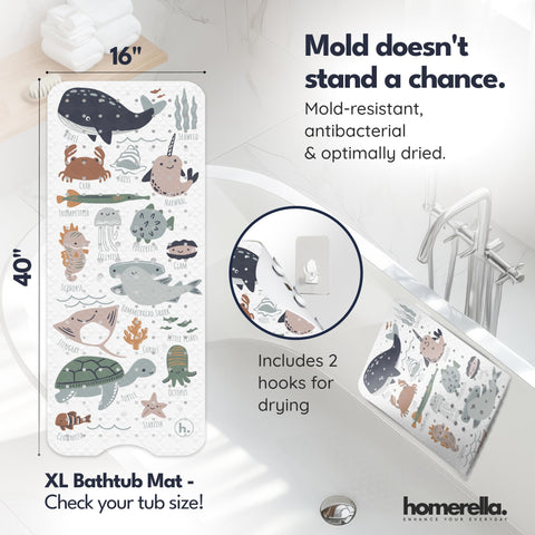 Homerella bath mat drainage holes promote quick drying after baths.