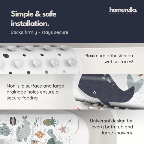 Homerella bath mat smooth surface supports comfortable footing during soapy baths.
