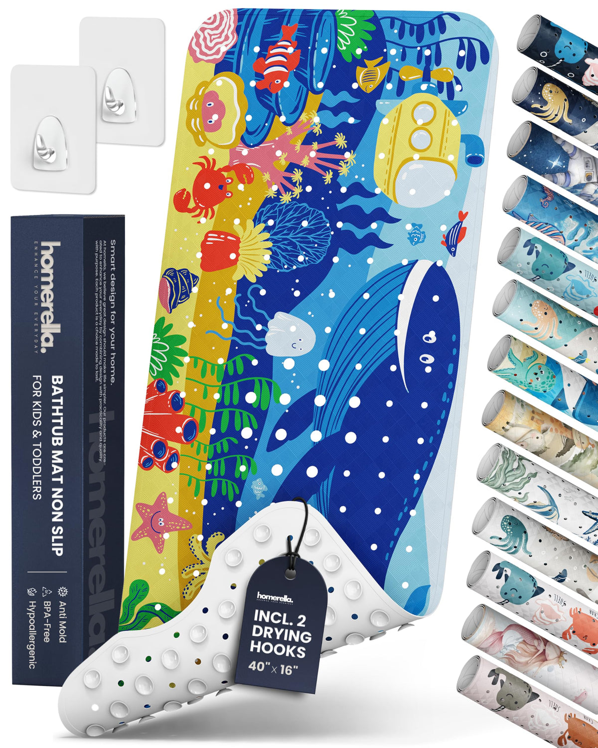Homerella ocean sea animals bath mat with 200 suction cups for secure grip.
