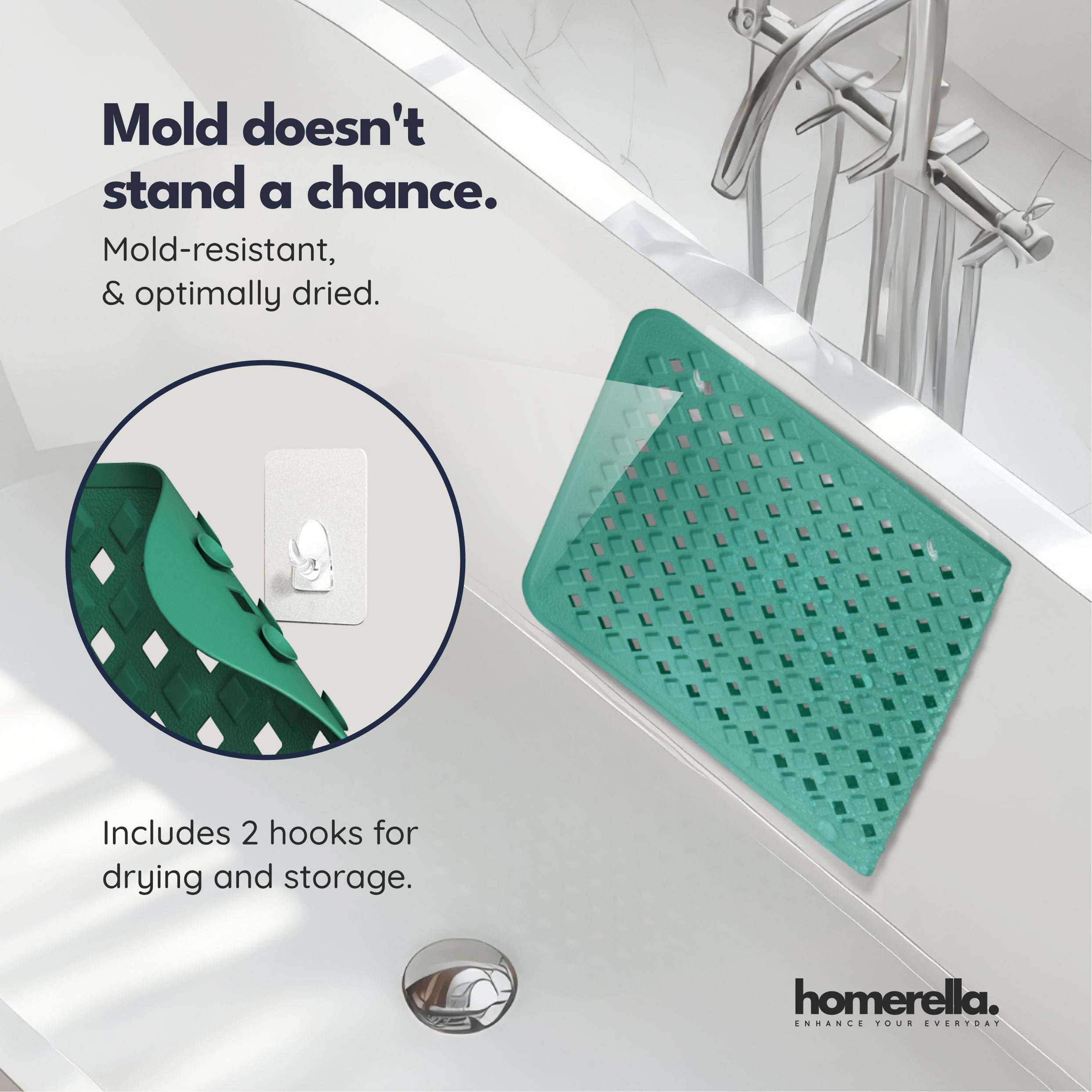 Homerella shower mat with extra-large drainage holes for fast water drainage.