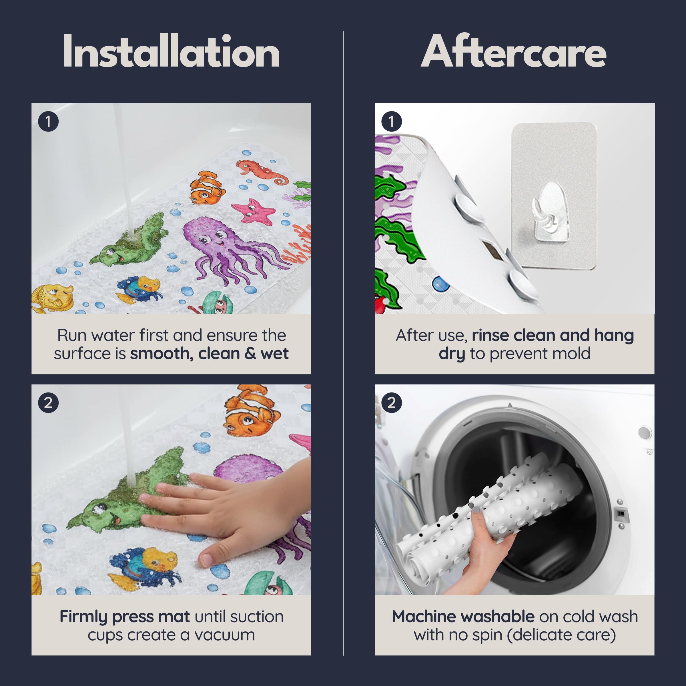 Homerella bath mat designed for smooth surfaces like acrylic and enamel tubs.