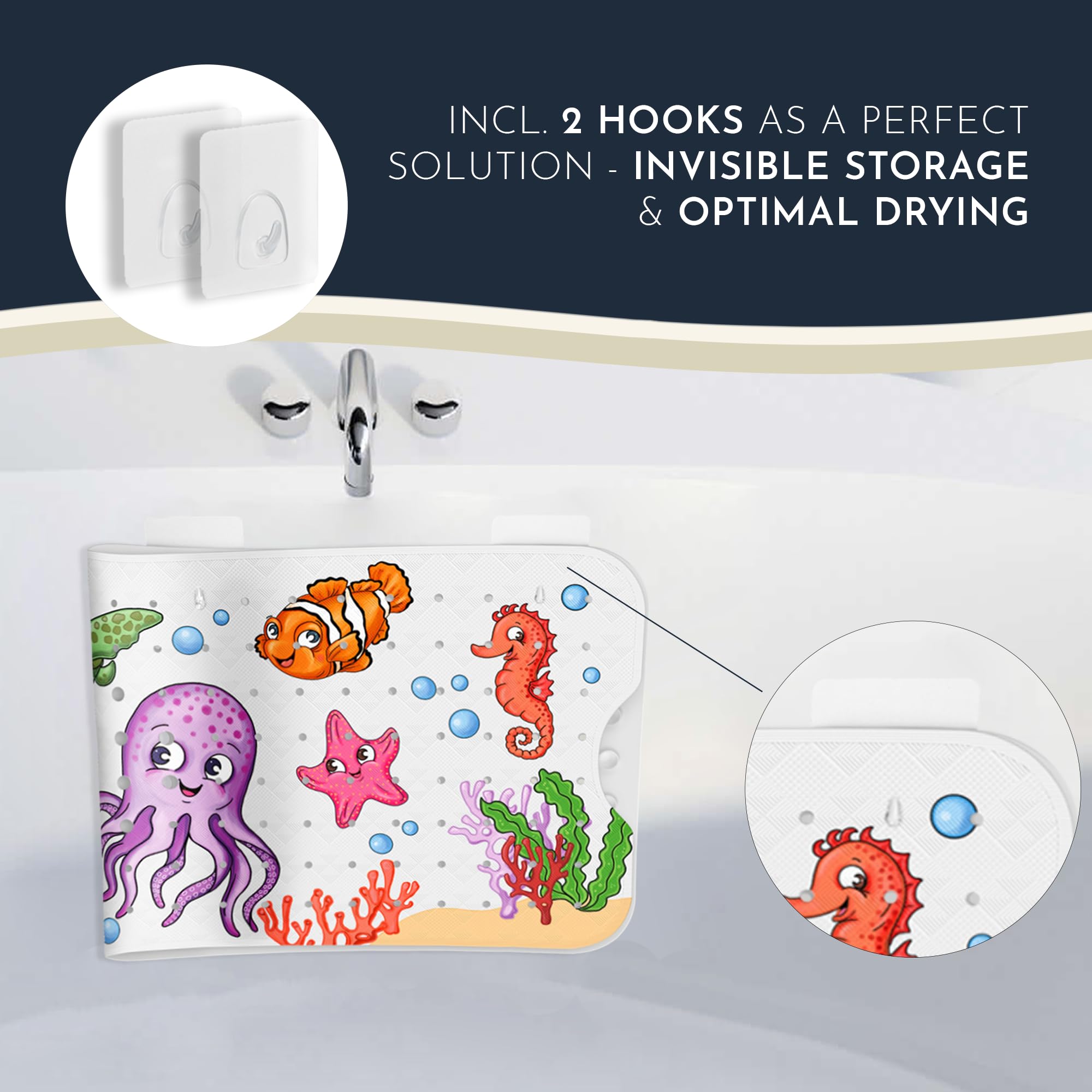 Homerella suction cups detail shows reliable non-slip grip on smooth tub surfaces.