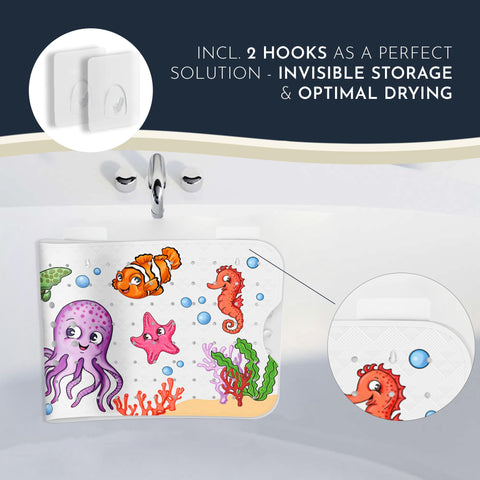 Homerella suction cups detail shows reliable non-slip grip on smooth tub surfaces.