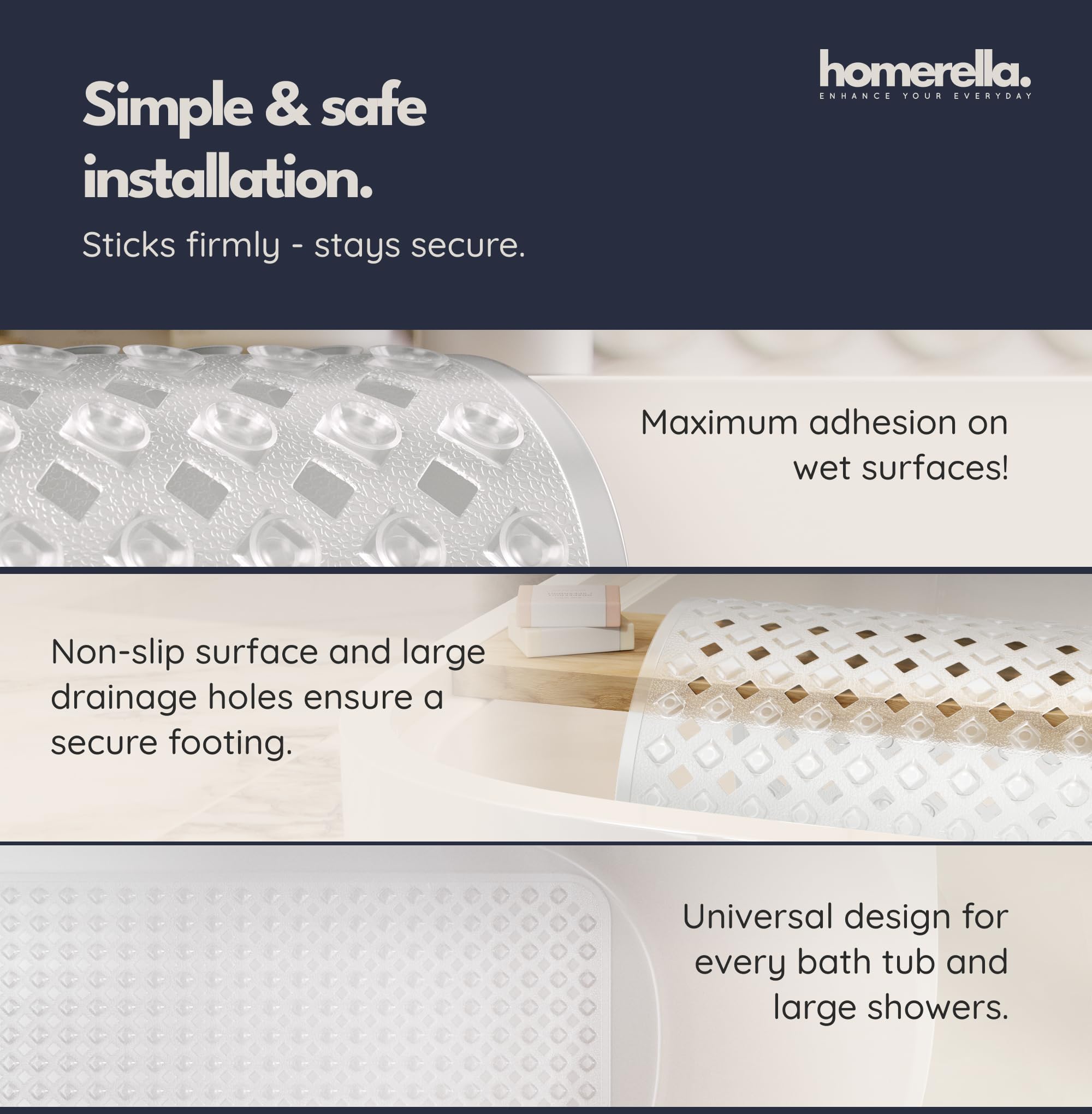 Homerella mat top anti-slip structure reducing slips.