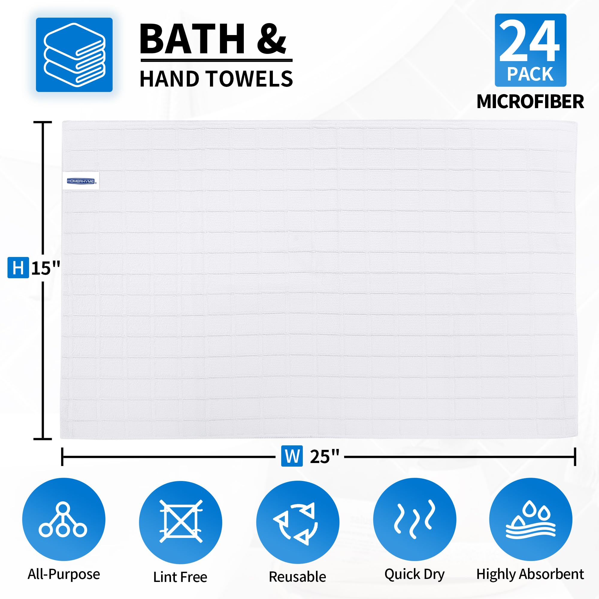 HOMERHYME bulk 24-pack towels highlighting large 25x15 size and absorbency