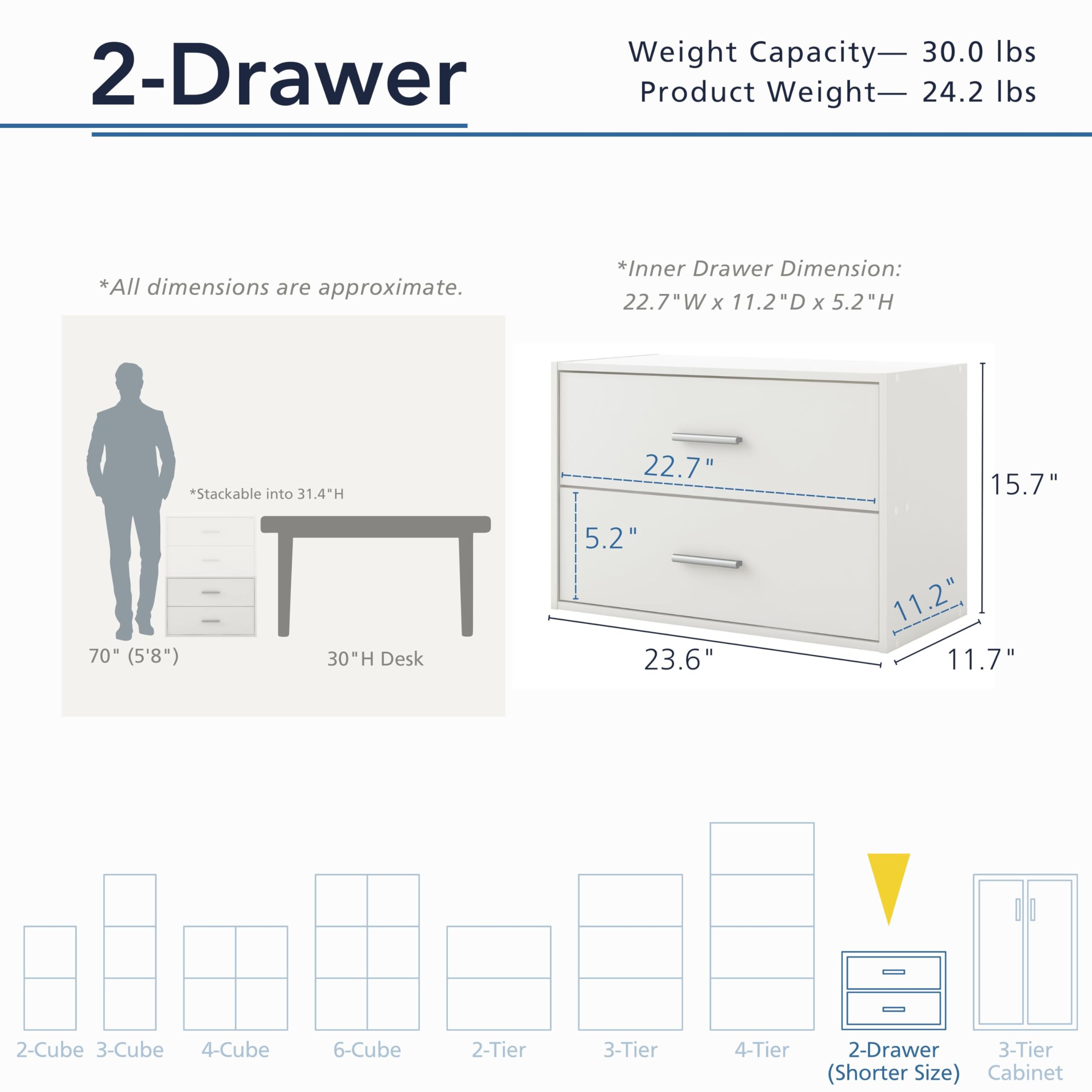 Apexa 2-drawer stackable cabinet with wood grain surface for durable living spaces