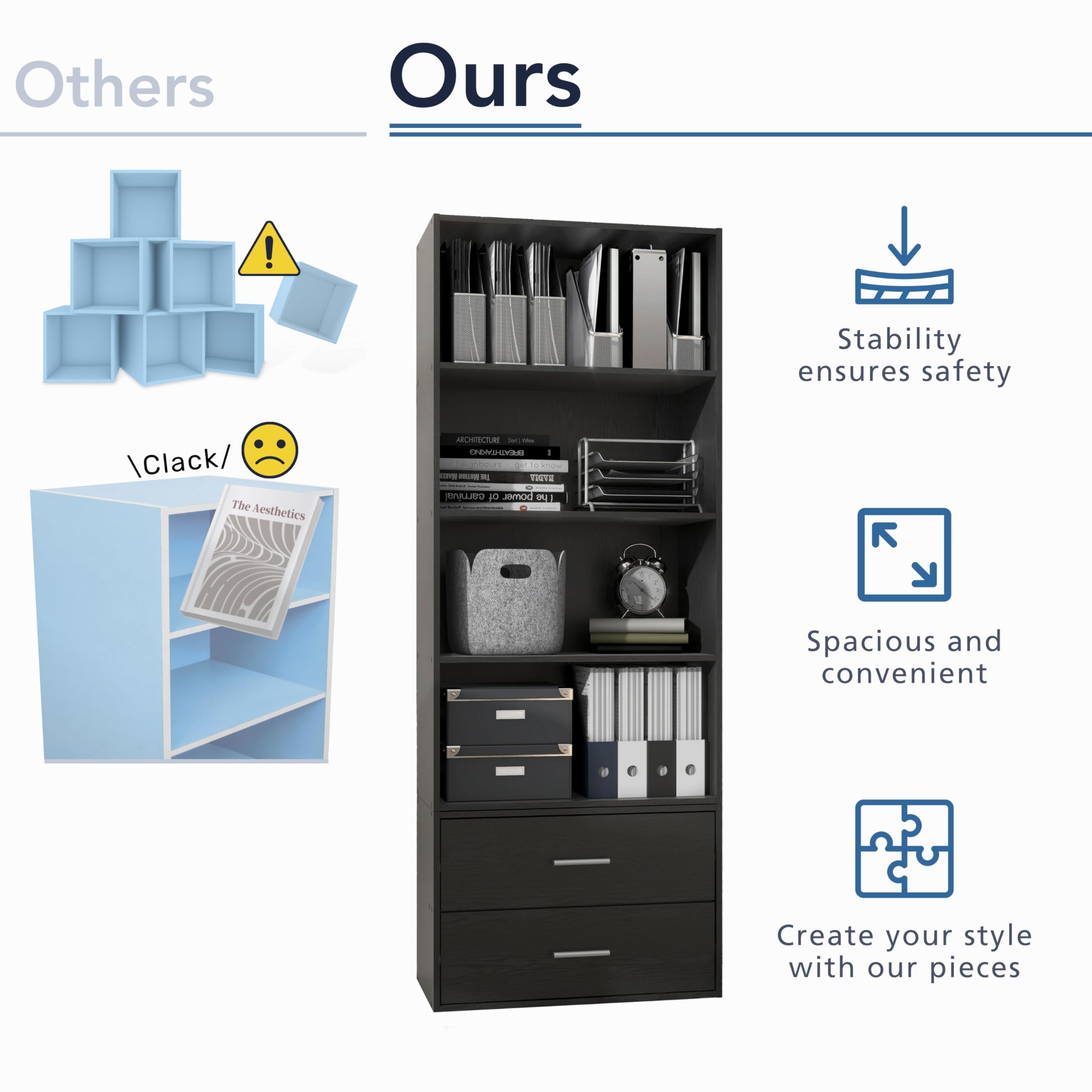 Apexa anti-toppling hardware enhances safety during tall stacks.