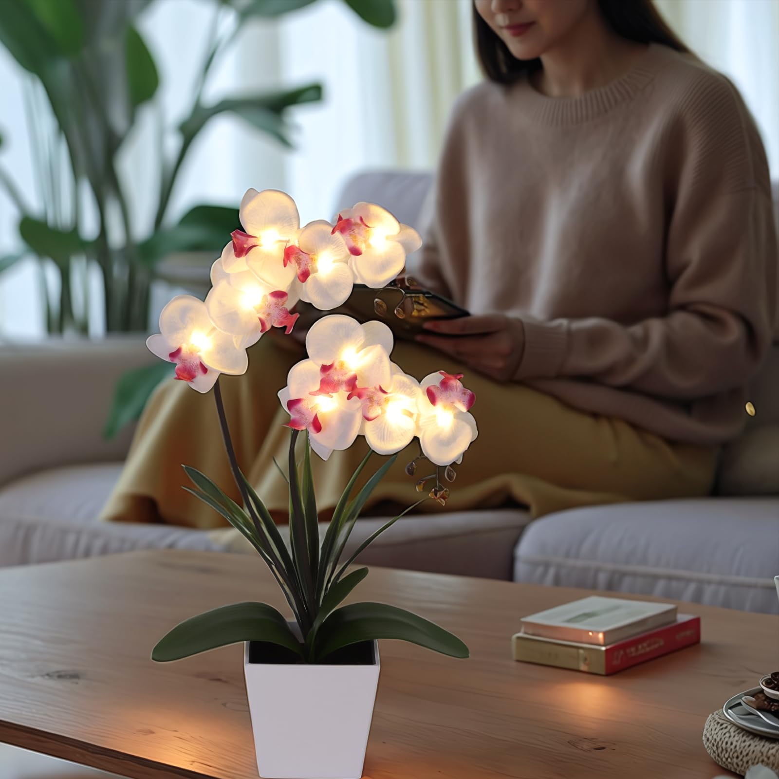 HOMESEASONS Orchid Lamp full white faux orchid arrangement