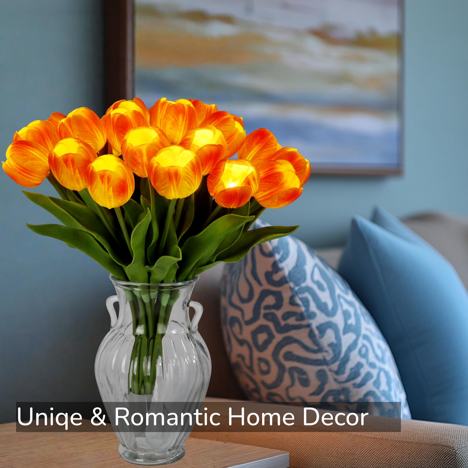 HOMESEASONS orange tulip lights closeup reveals lifelike real-touch petals