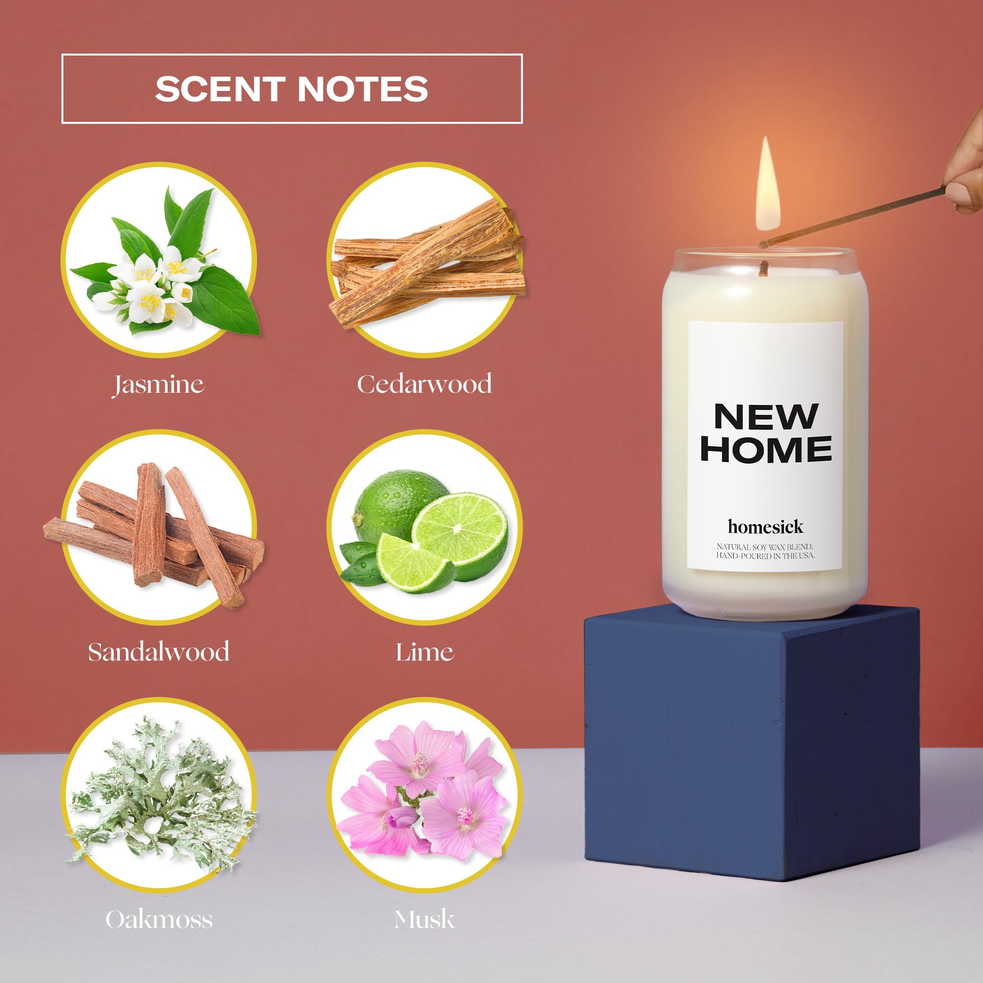 Homesick cedarwood jasmine note shows warm, inviting aroma for new spaces.