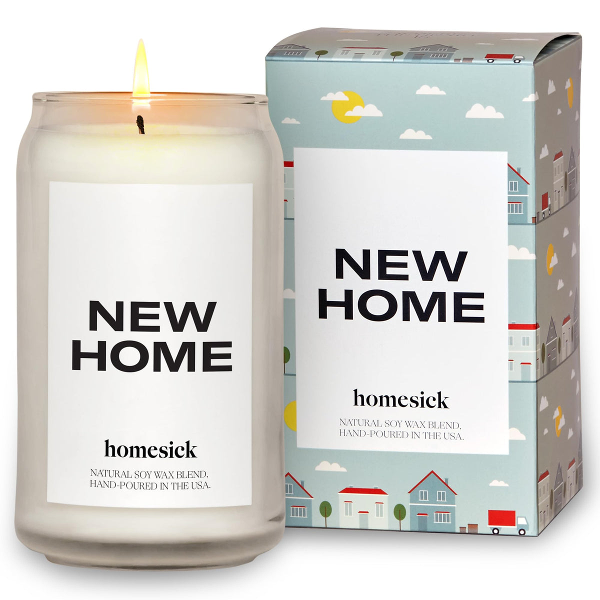 Homesick new home jar candle showcases inviting ambiance for a cozy welcome.