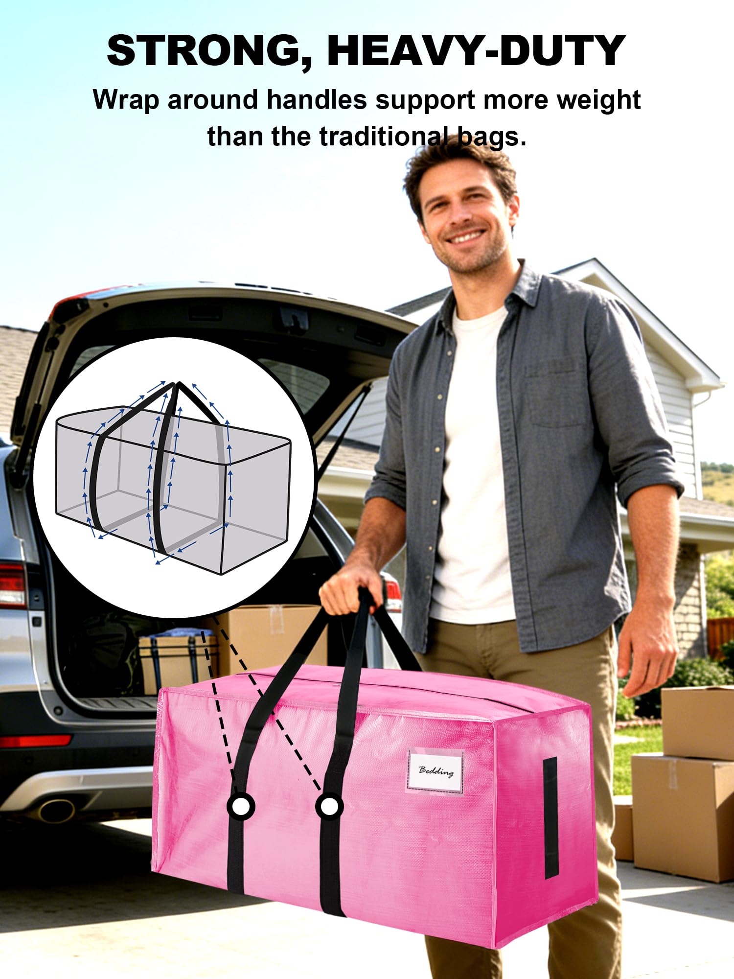 Homesure 8-pack moving bags pink closed showing secure storage with zipper closure.