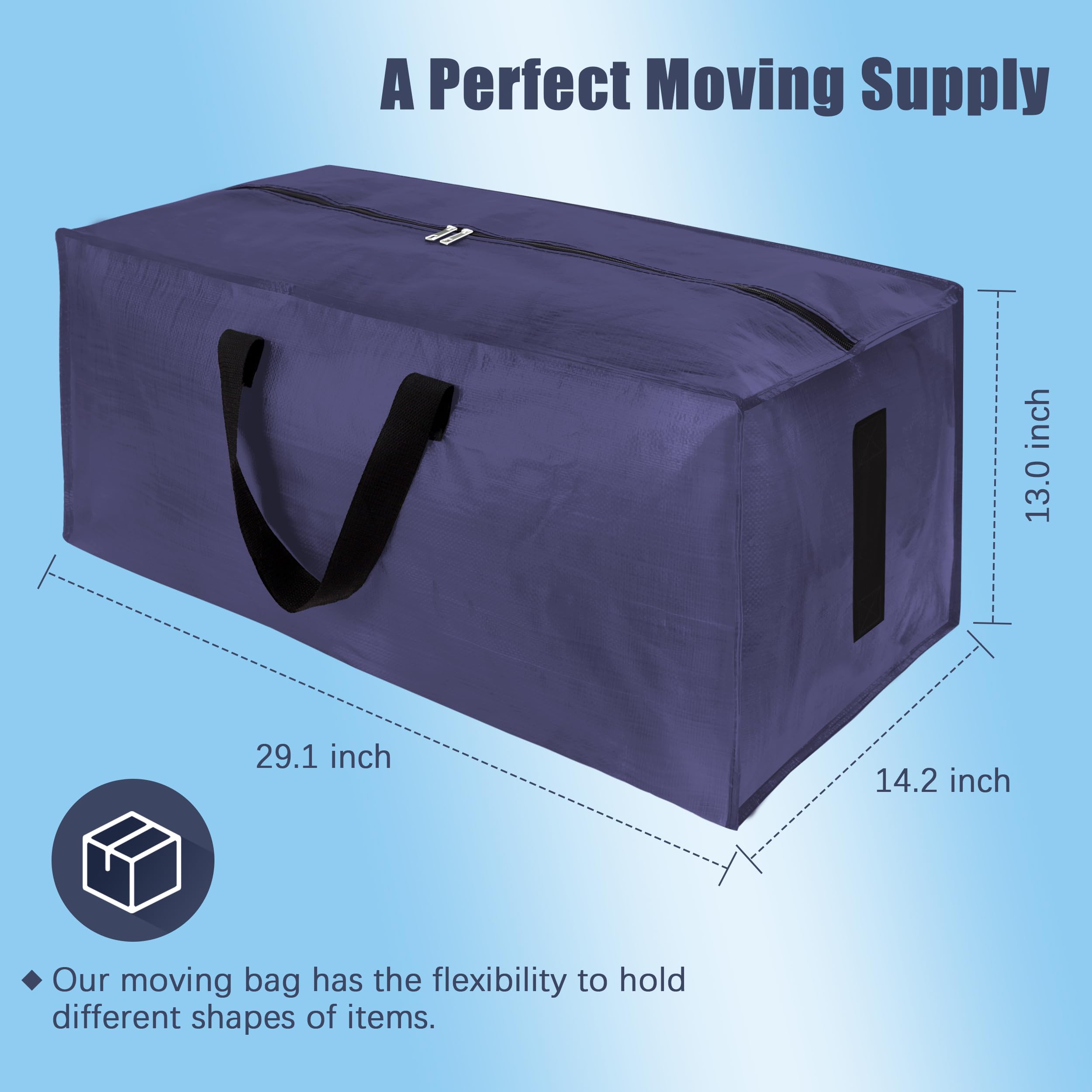HOMESURE blue 4-pack bags with reinforced zippers support repeated packing and moving.