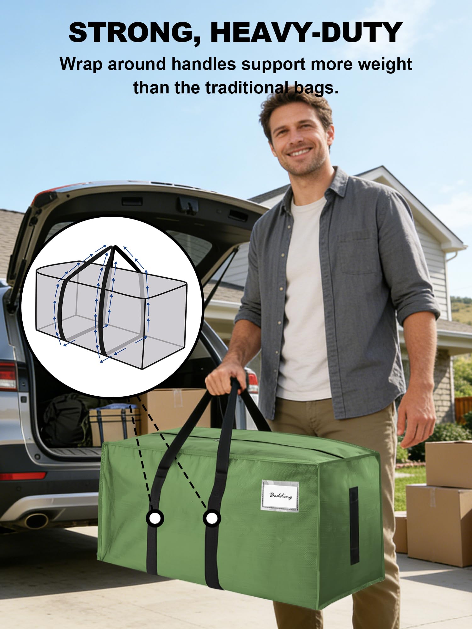 HOMESURE olive green moving bag with carrying handles for quick, box-free relocations.