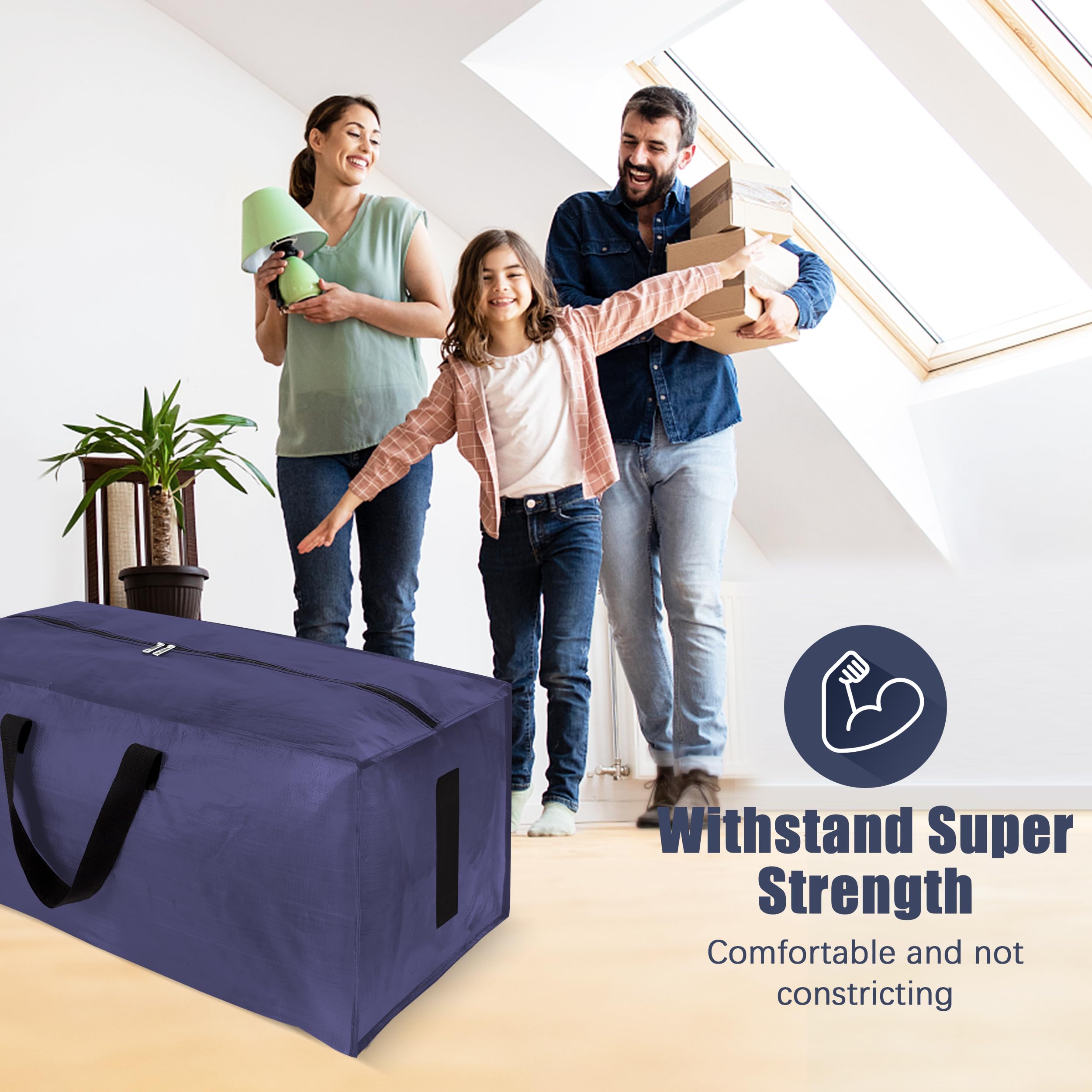HOMESURE heavy-duty blue bags hold clothes, blankets, and essentials.