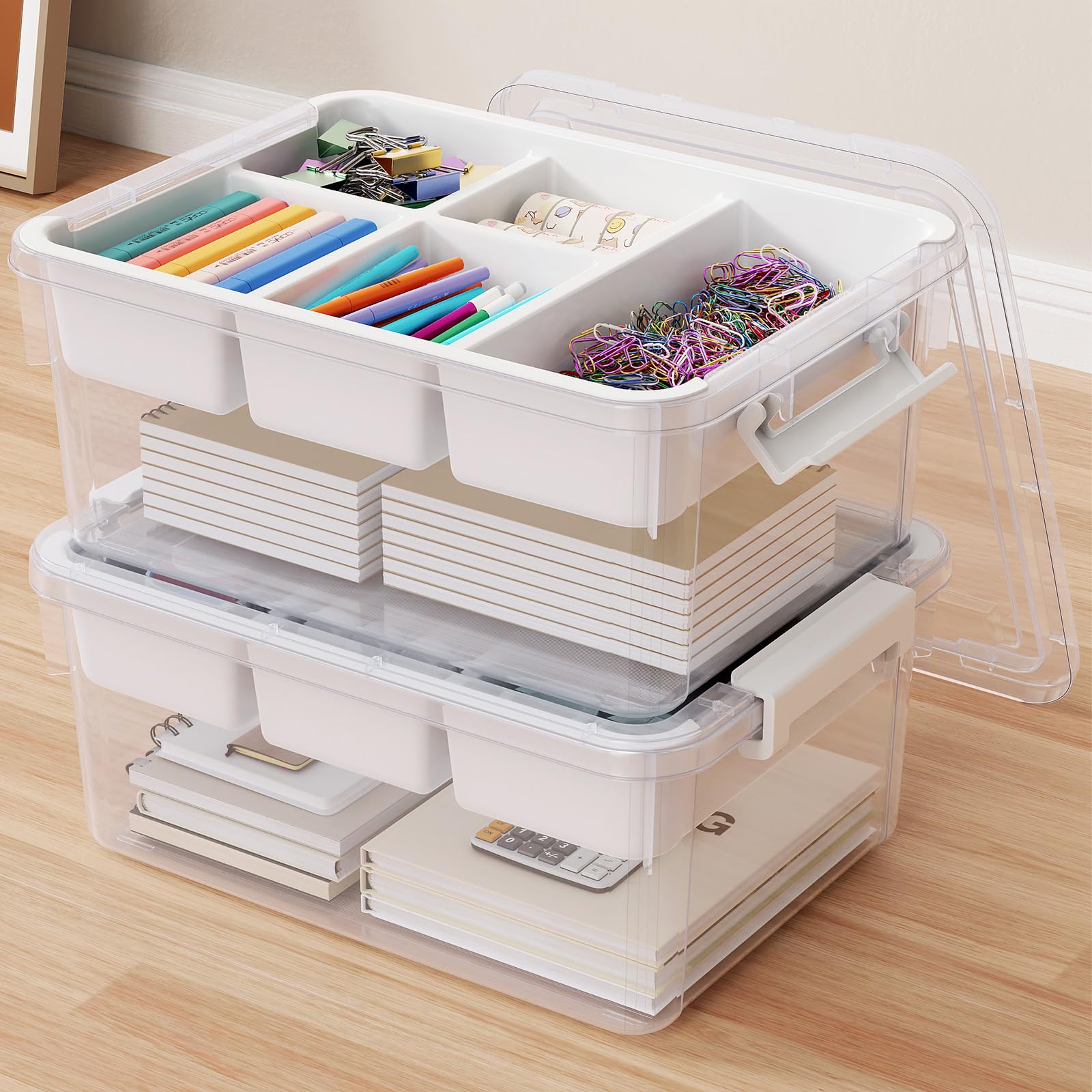 HOMETUK 40qt stackable bin with lid for organized garage storage and easy access.