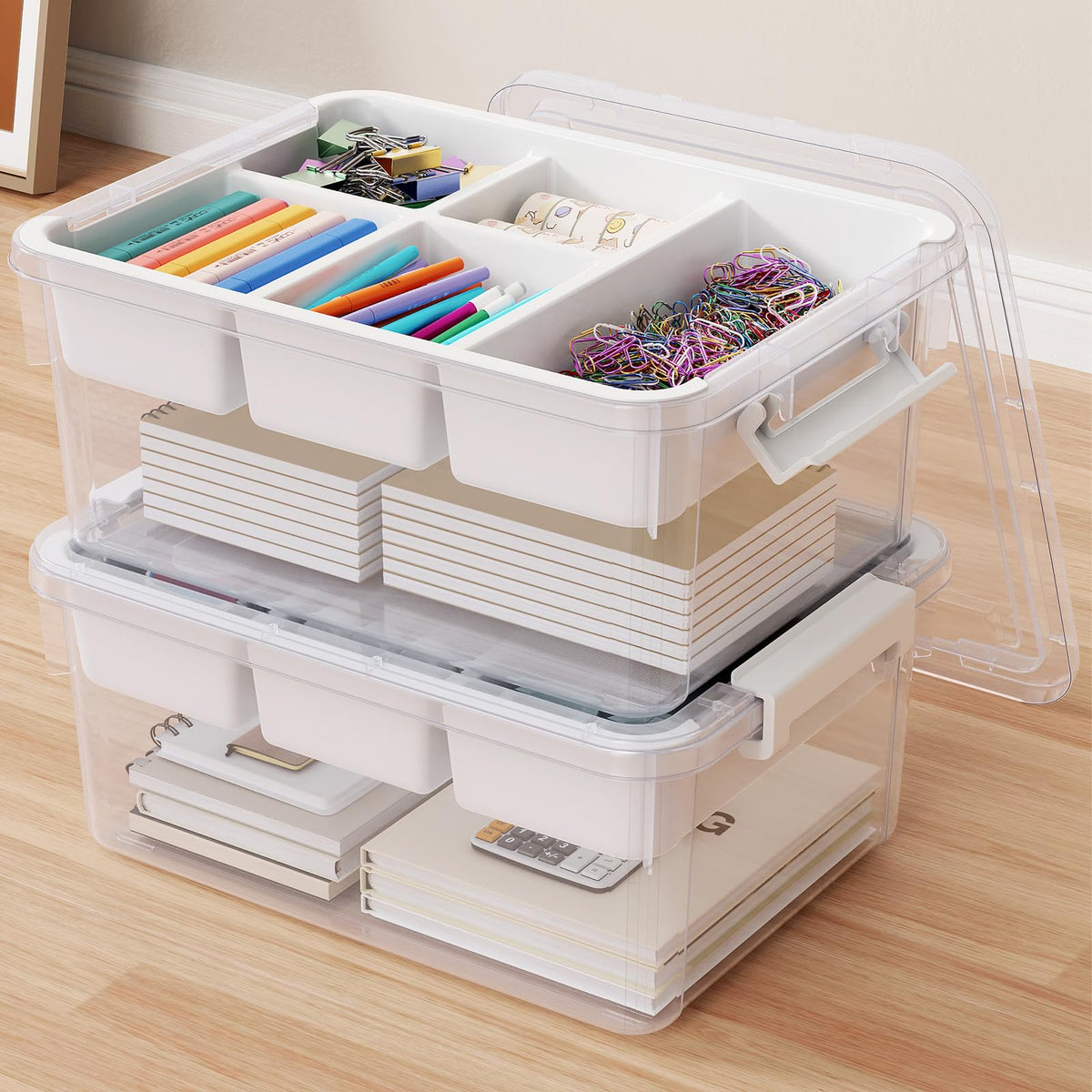 HOMETUK 40qt stackable bin with lid for organized garage storage and easy access.