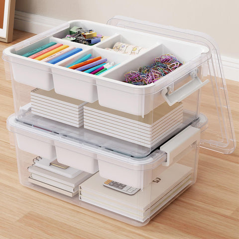 HOMETUK 40qt stackable bin with lid for organized garage storage and easy access.