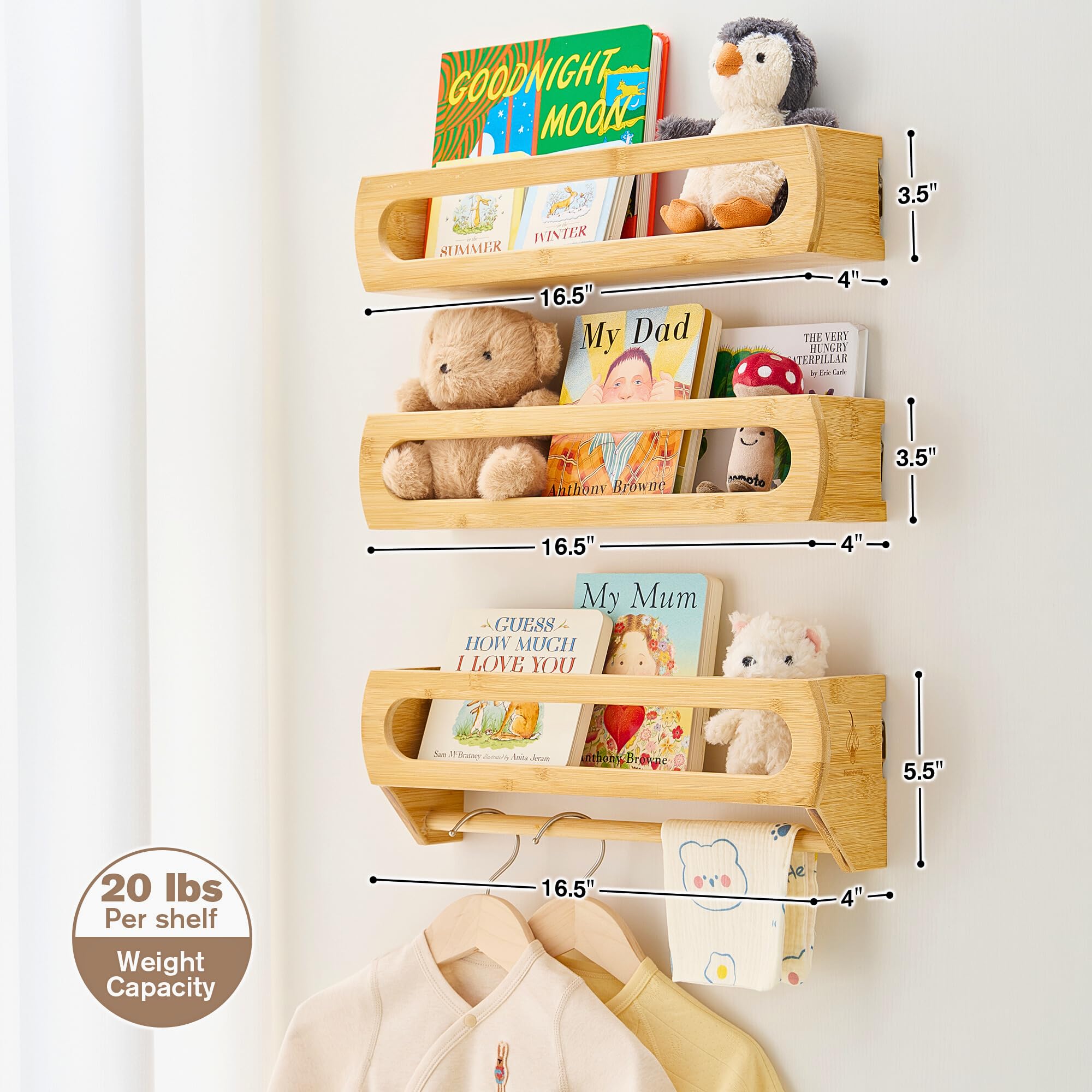 Homewisp bamboo shelves showing rounded edges for safe child use.