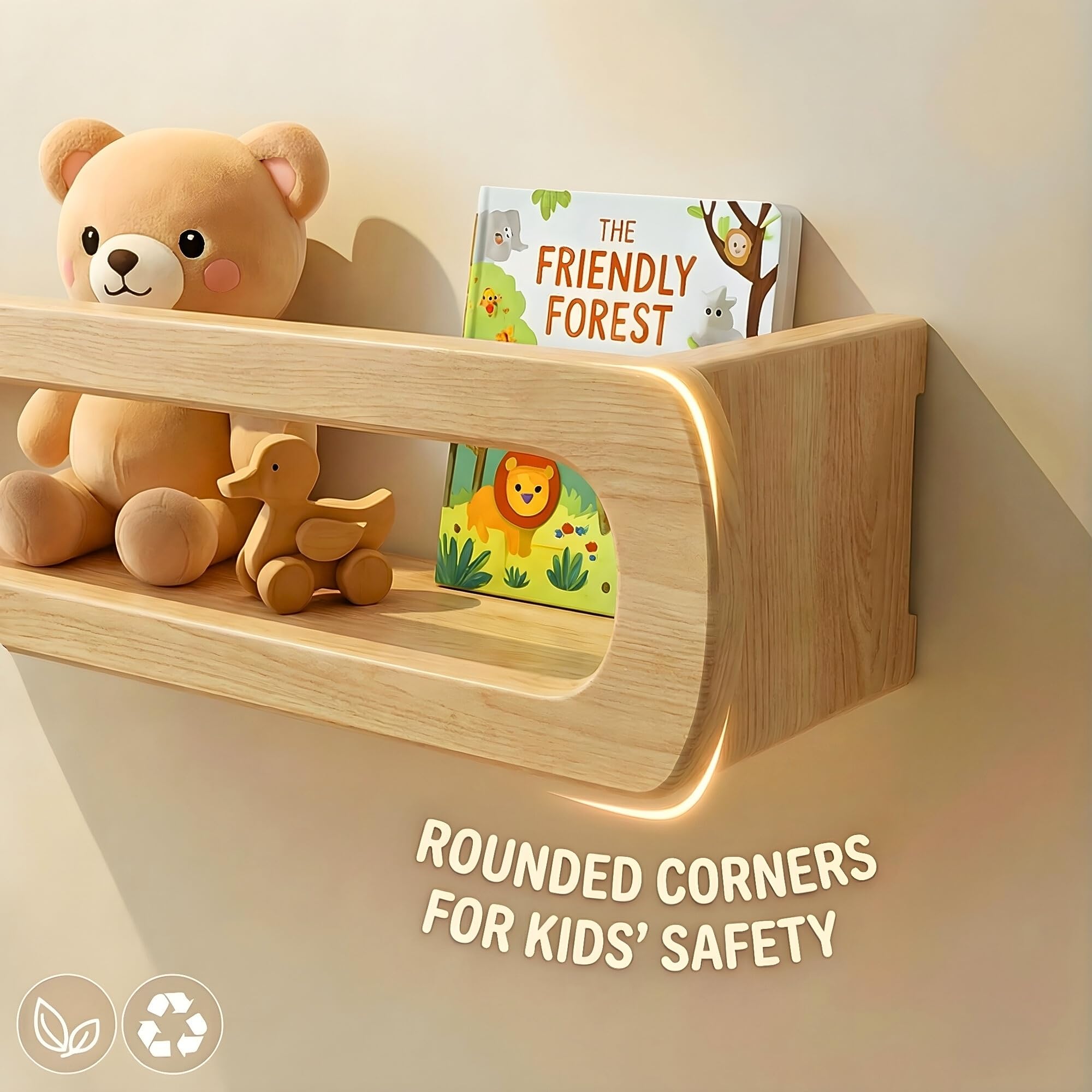 Homewisp floating wall shelves in a kid's room for space-saving storage.