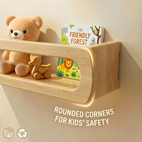 Homewisp floating wall shelves in a kid's room for space-saving storage.