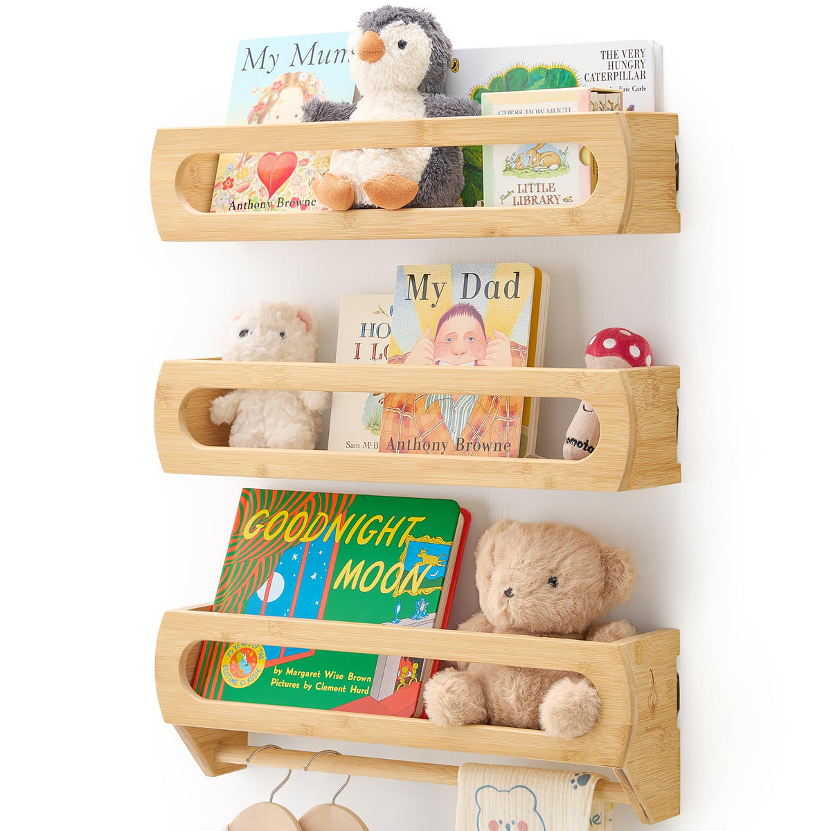 Homewisp nursery shelves on wall in natural bamboo with sturdy, clean lines.