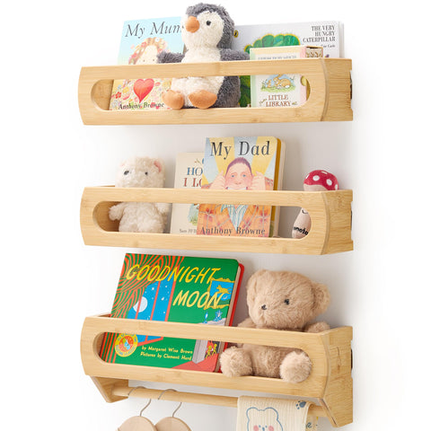 Homewisp nursery shelves on wall in natural bamboo with sturdy, clean lines.