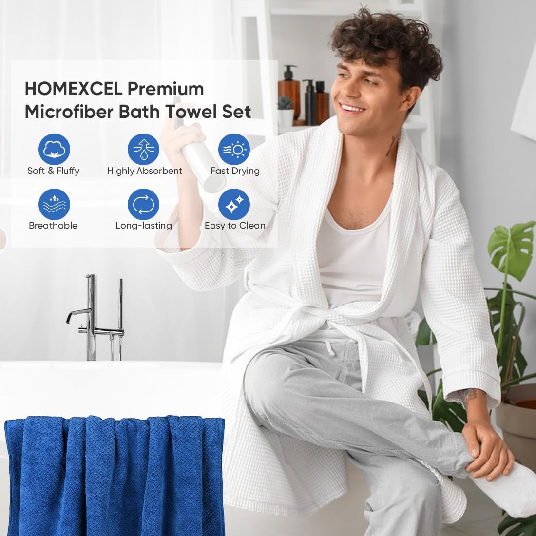 HOMEXCEL large blue 30x60 towel provides full-body coverage after workouts.