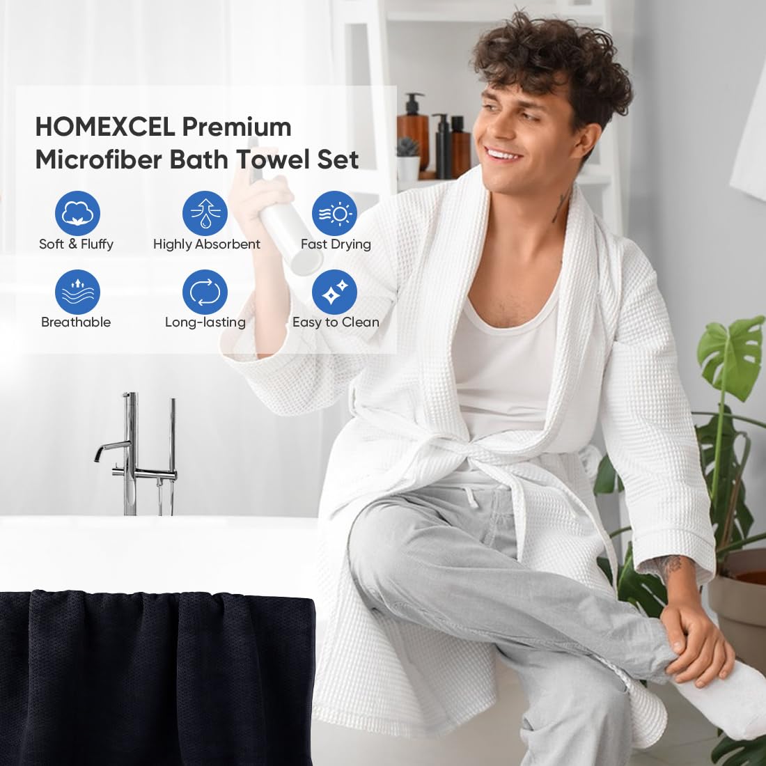 HOMEXCEL towel in bathroom setup, spa-like softness for post-shower comfort.