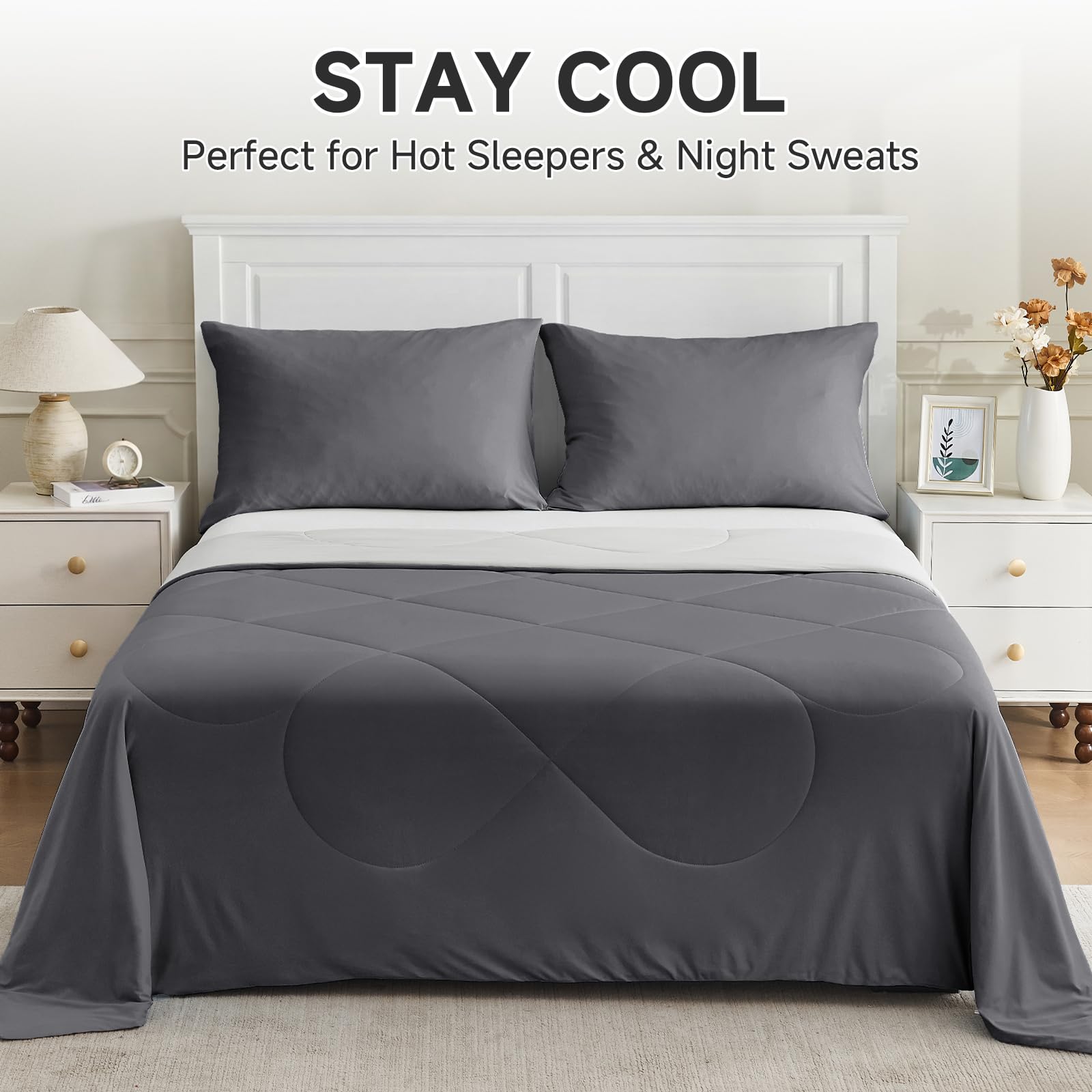 HOMFINE cooling blanket grey color on bed during night