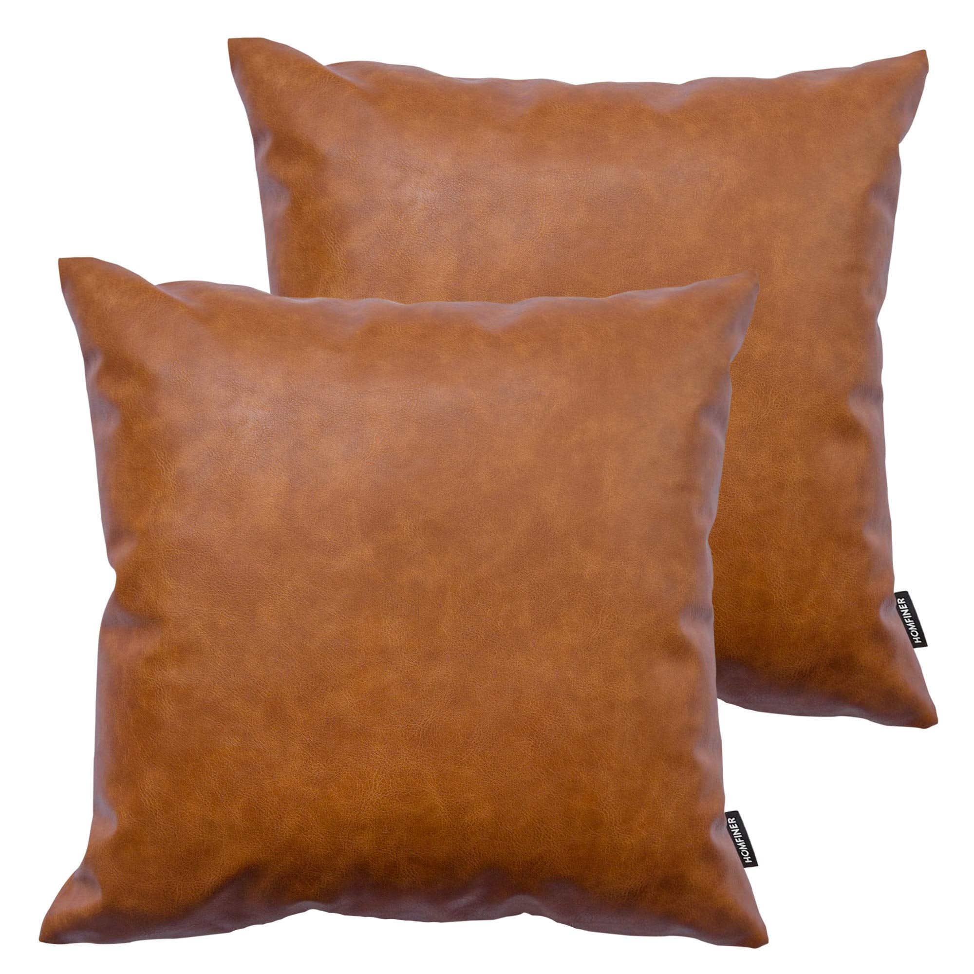 HOMFINER cognac faux leather pillow cover on square 18x18, stylish and versatile.