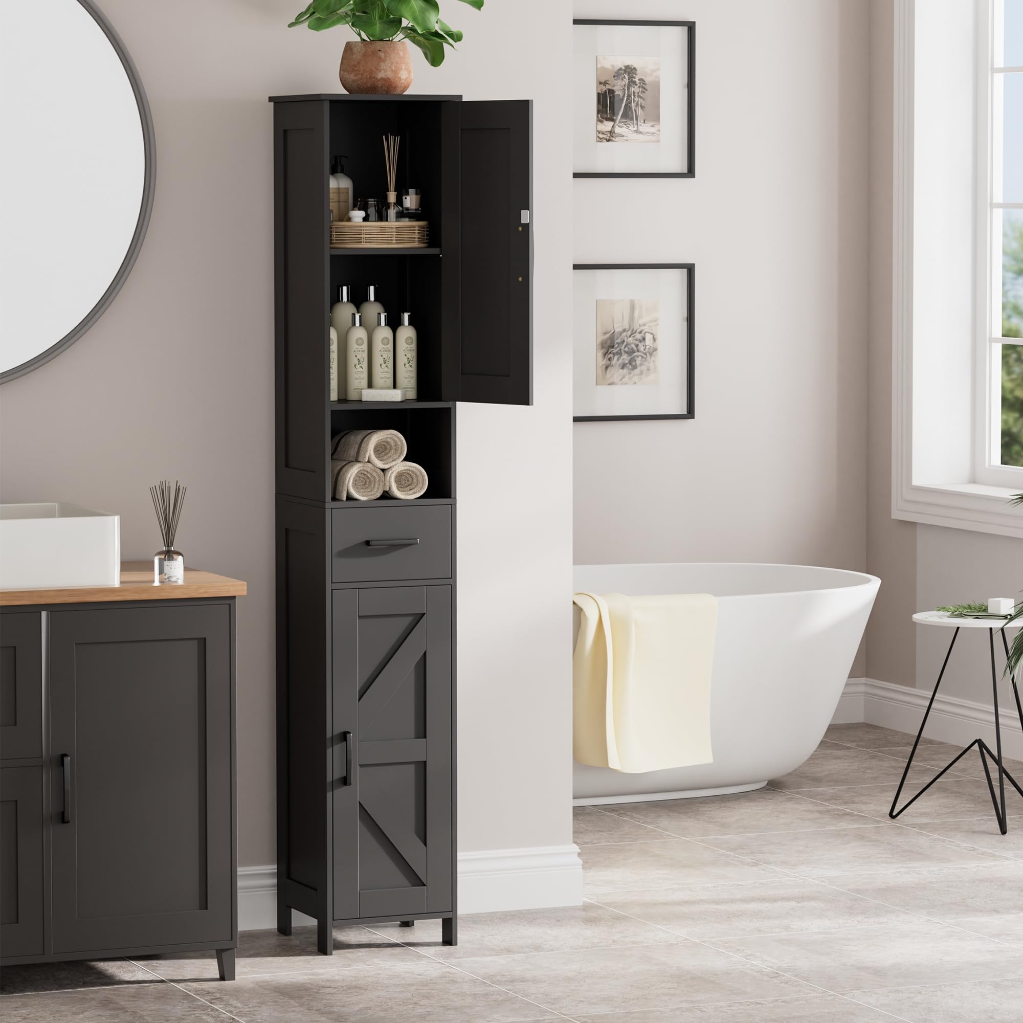 Homhedy cabinet showing adjustable shelves for tall items and flexible organization.