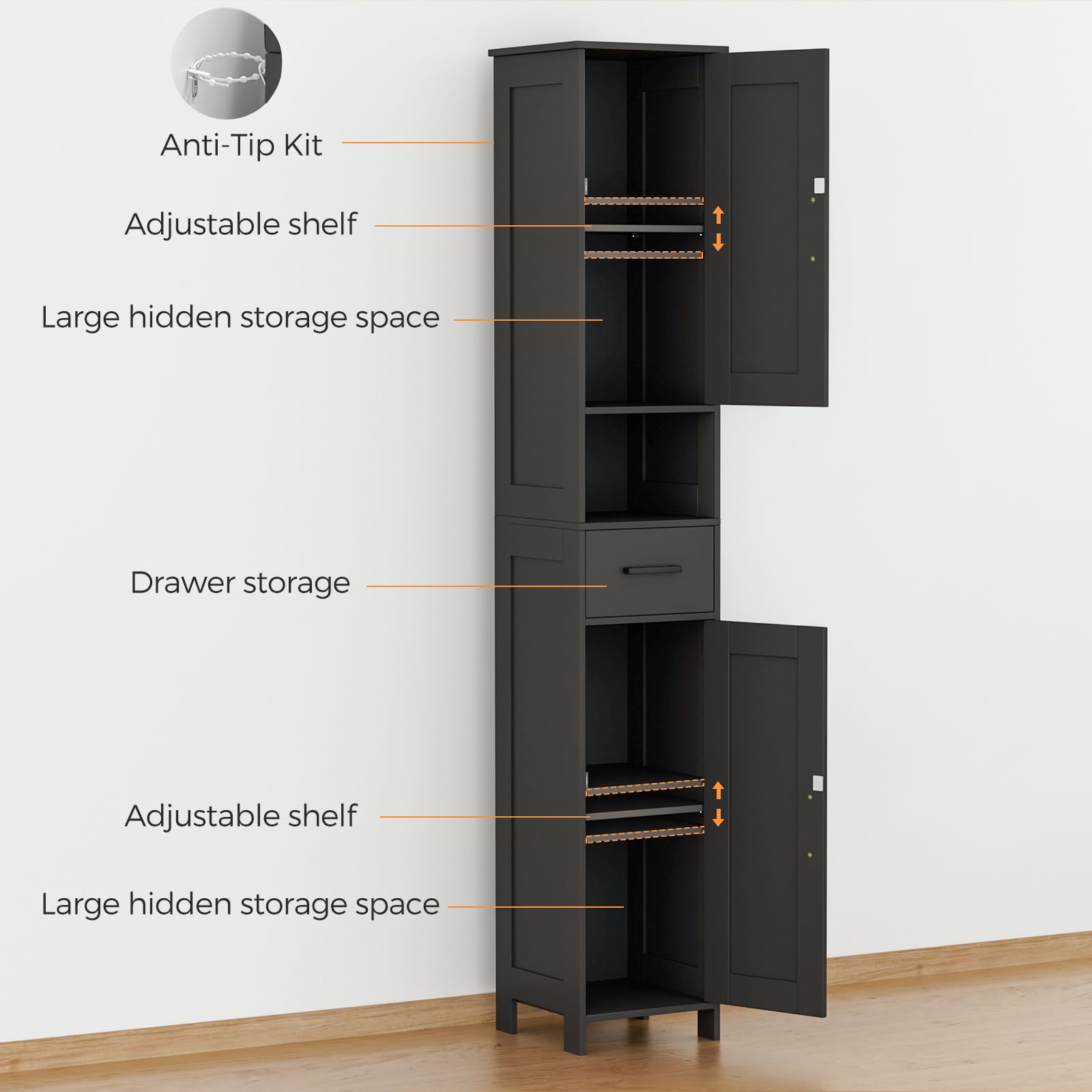 Homhedy unit includes anti-tip kit for stable, safe placement.