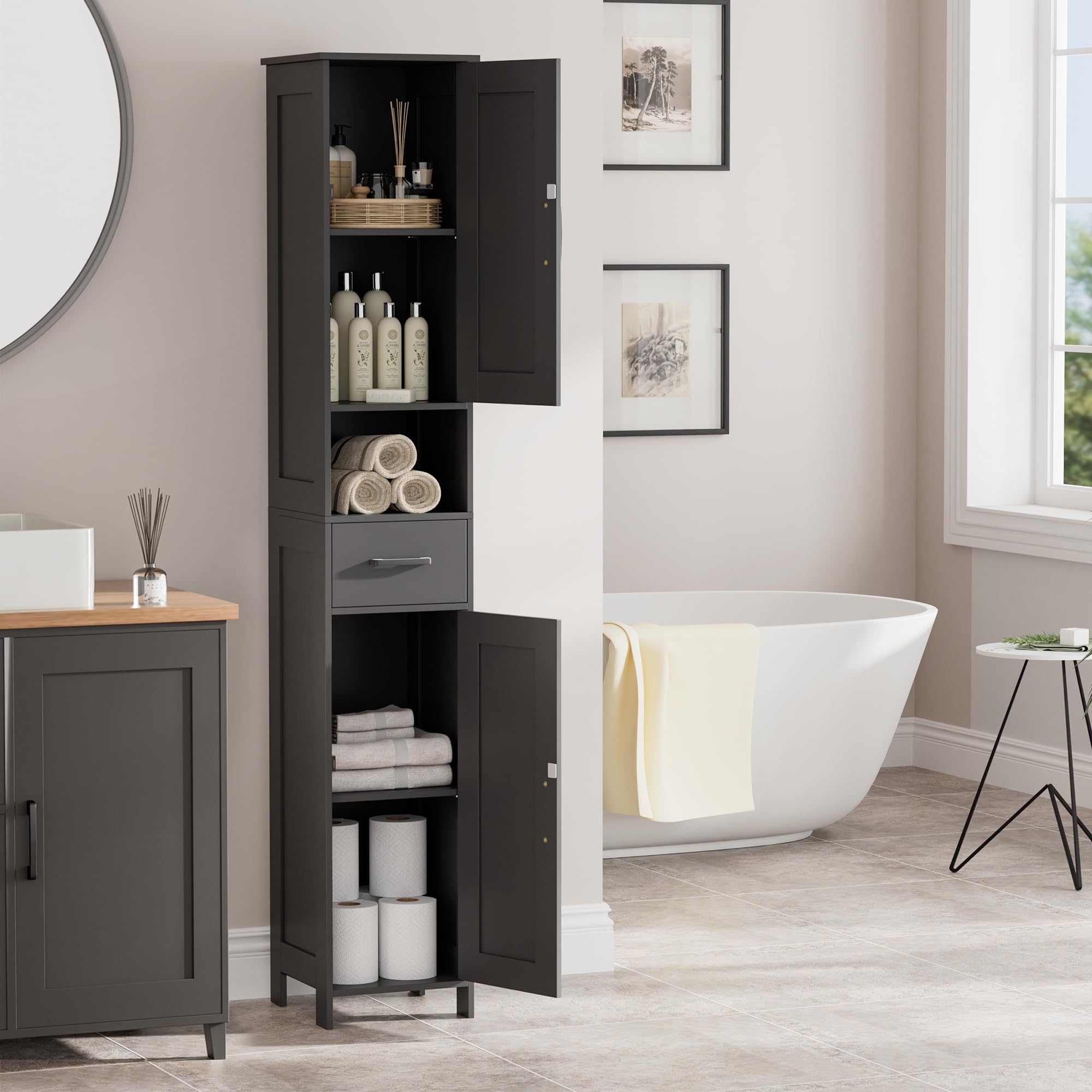 Homhedy cabinet with durable particleboard and waterproof feet.