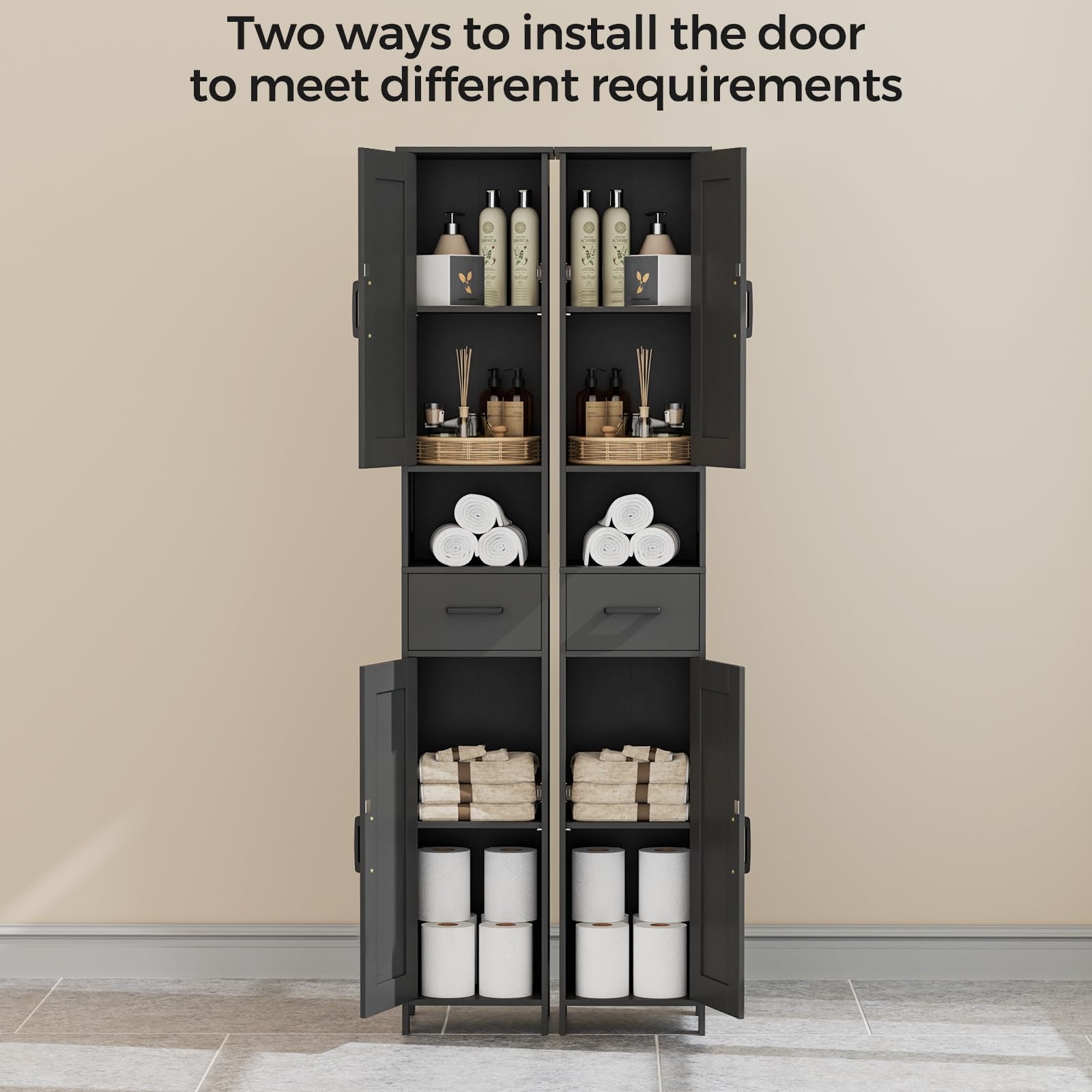 Homhedy tall cabinet with reversible door opening adapts to your layout.