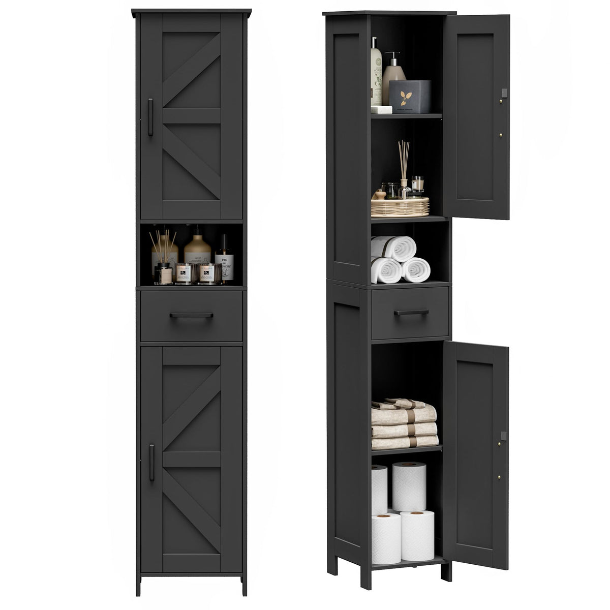 Homhedy 67-inch tall cabinet with two barn doors and drawer for organized bathroom storage.