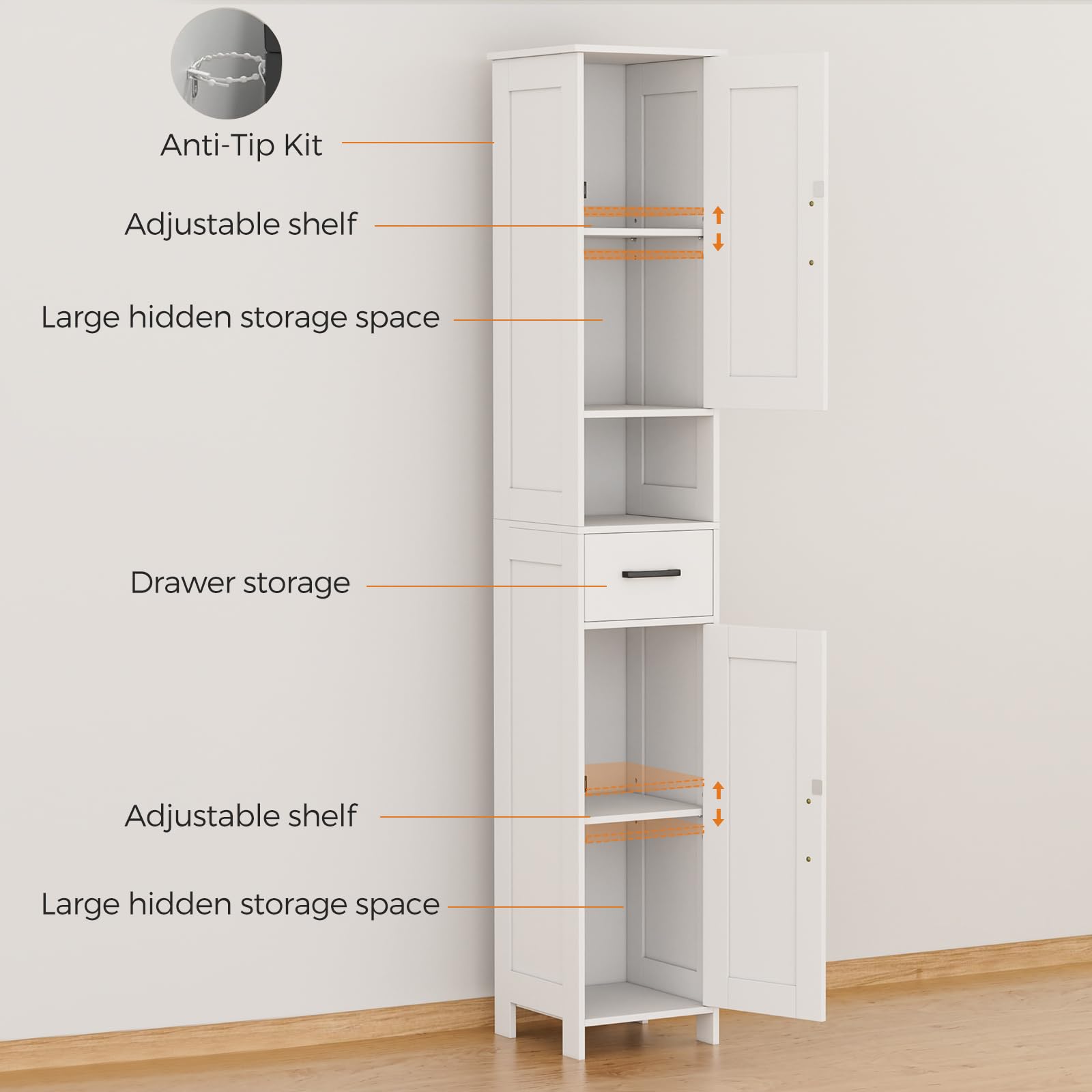 Homhedy 67inch tall cabinet adjustable shelves adapt to item heights.