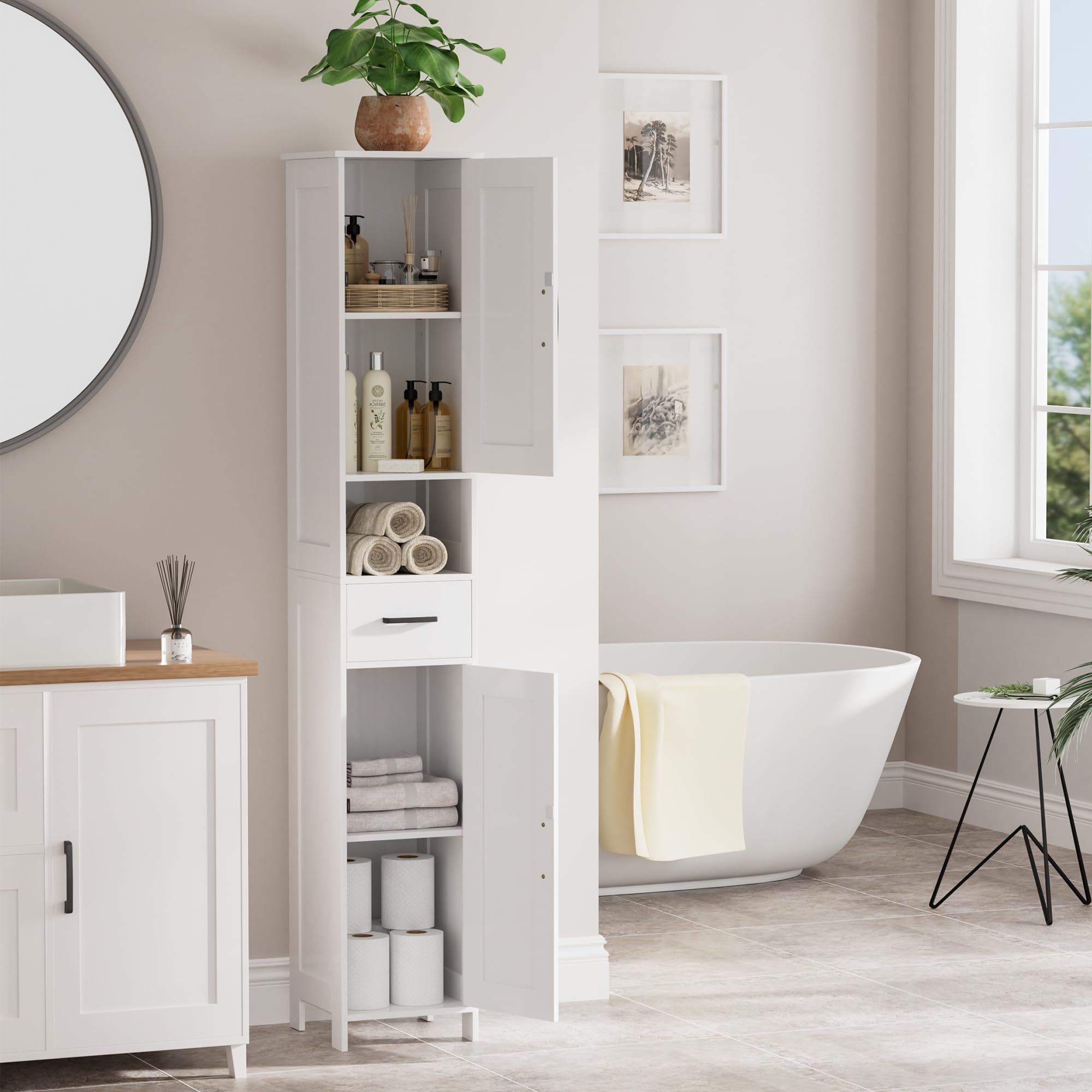 Homhedy 67inch tall cabinet ideal for bathroom and kitchen clutter control.