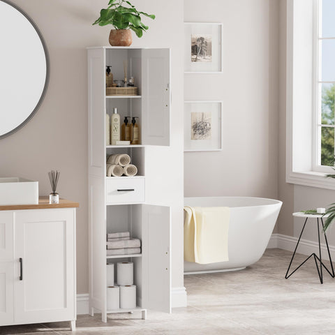 Homhedy 67inch tall cabinet ideal for bathroom and kitchen clutter control.