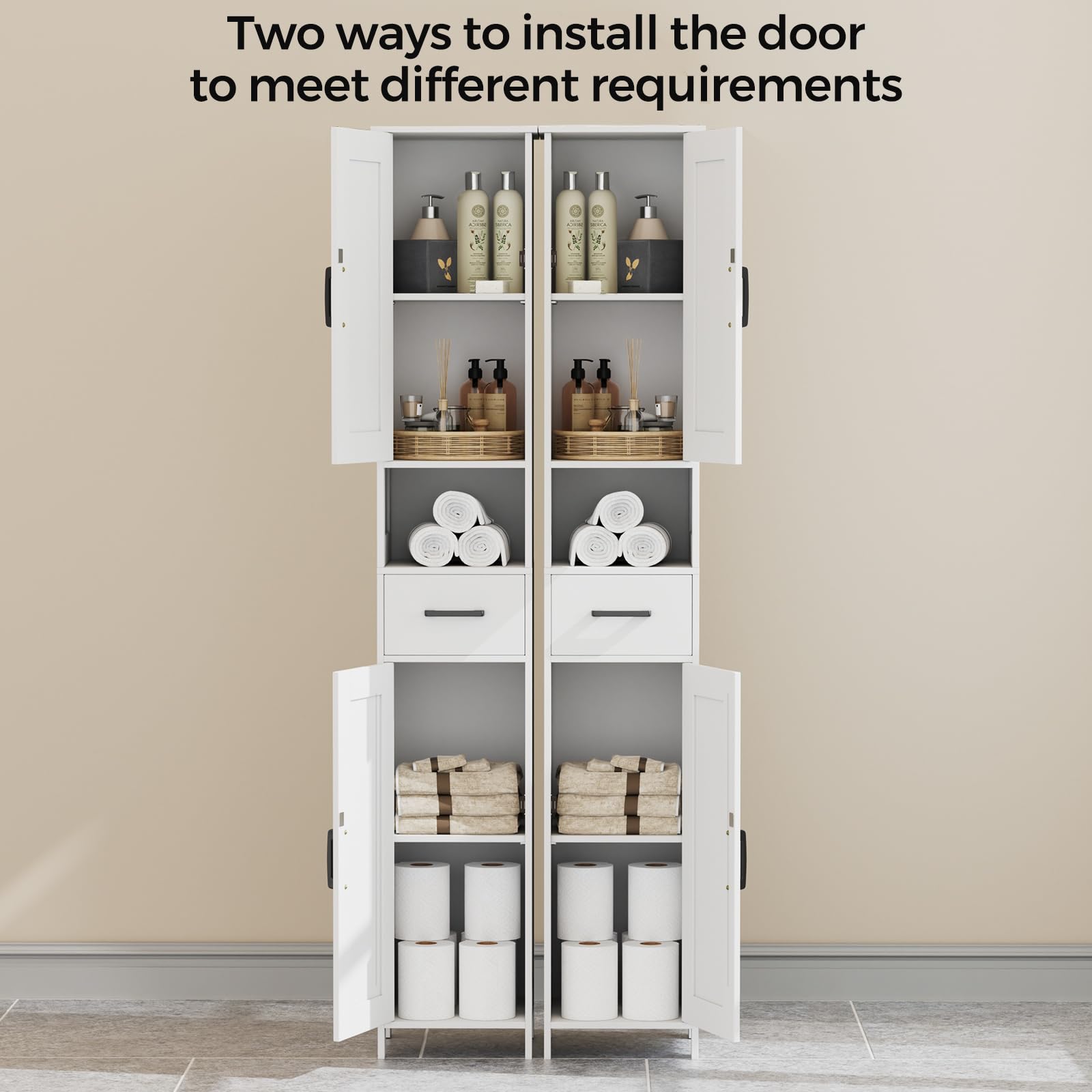 Homhedy 67inch tall cabinet reversible doors fit your space.