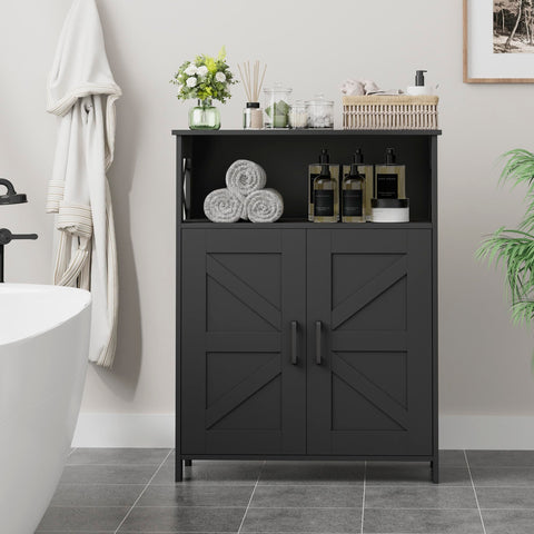 Homhedy barn-door cabinet enhances decor while concealing toiletries.