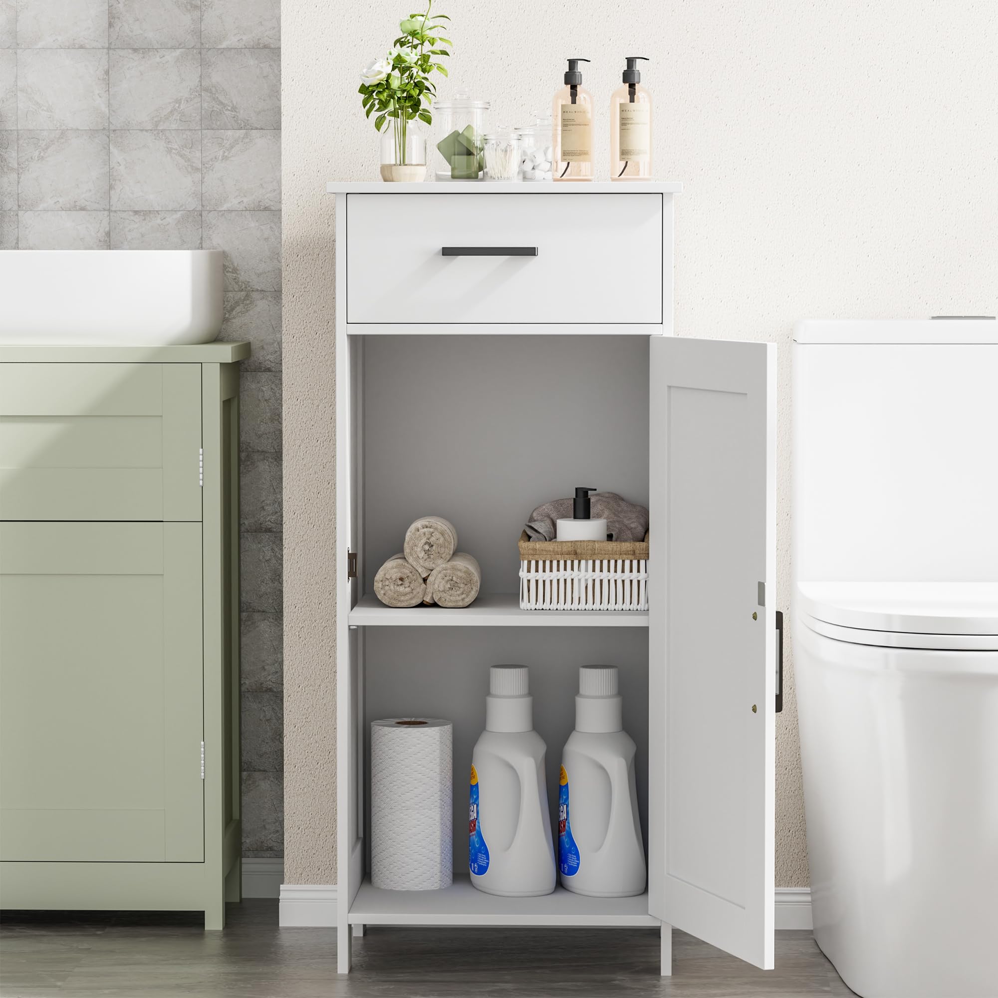 Homhedy cabinet corner fit, maximizes small bathroom space