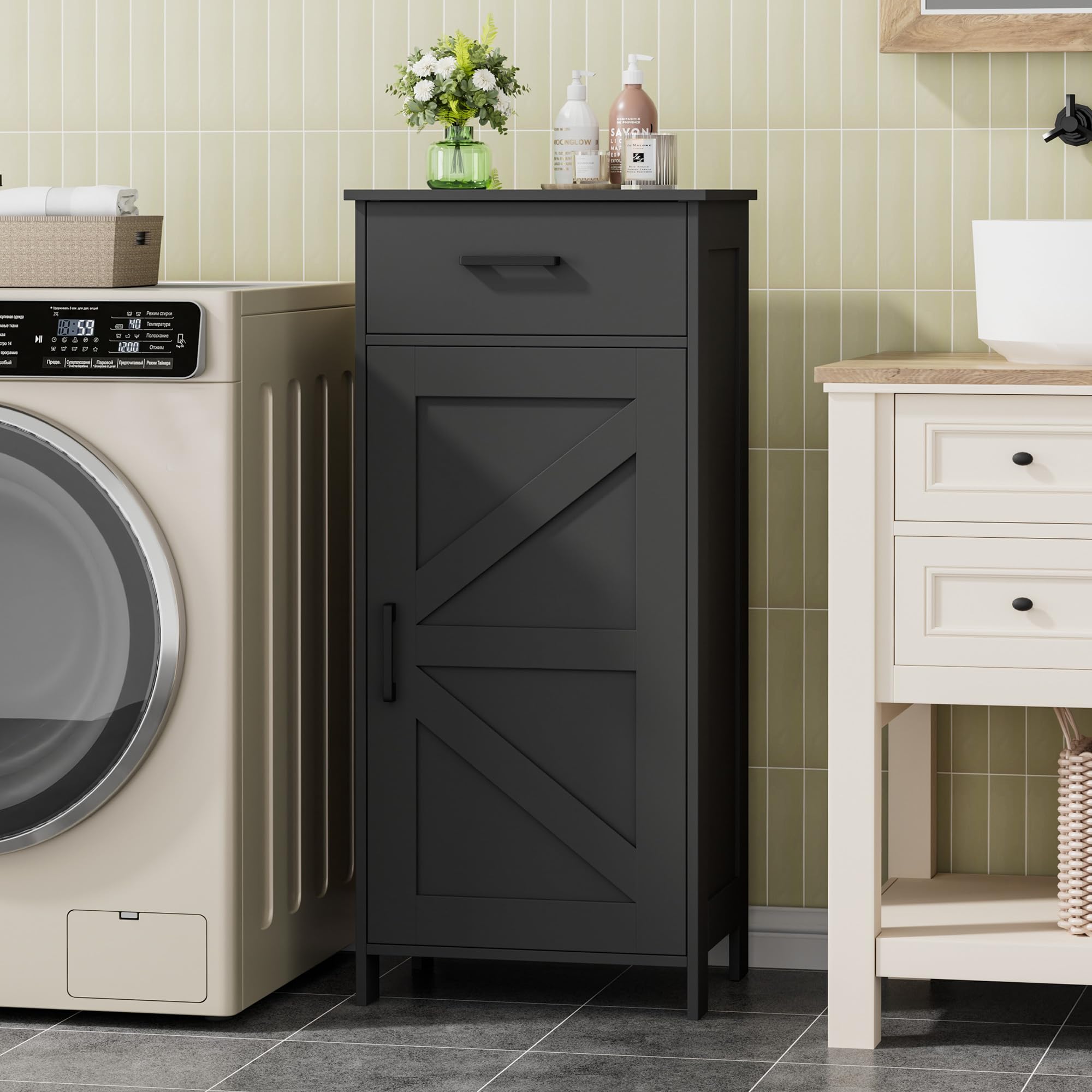 Homhedy bathroom cabinet front view shows space-saving corner design in black.