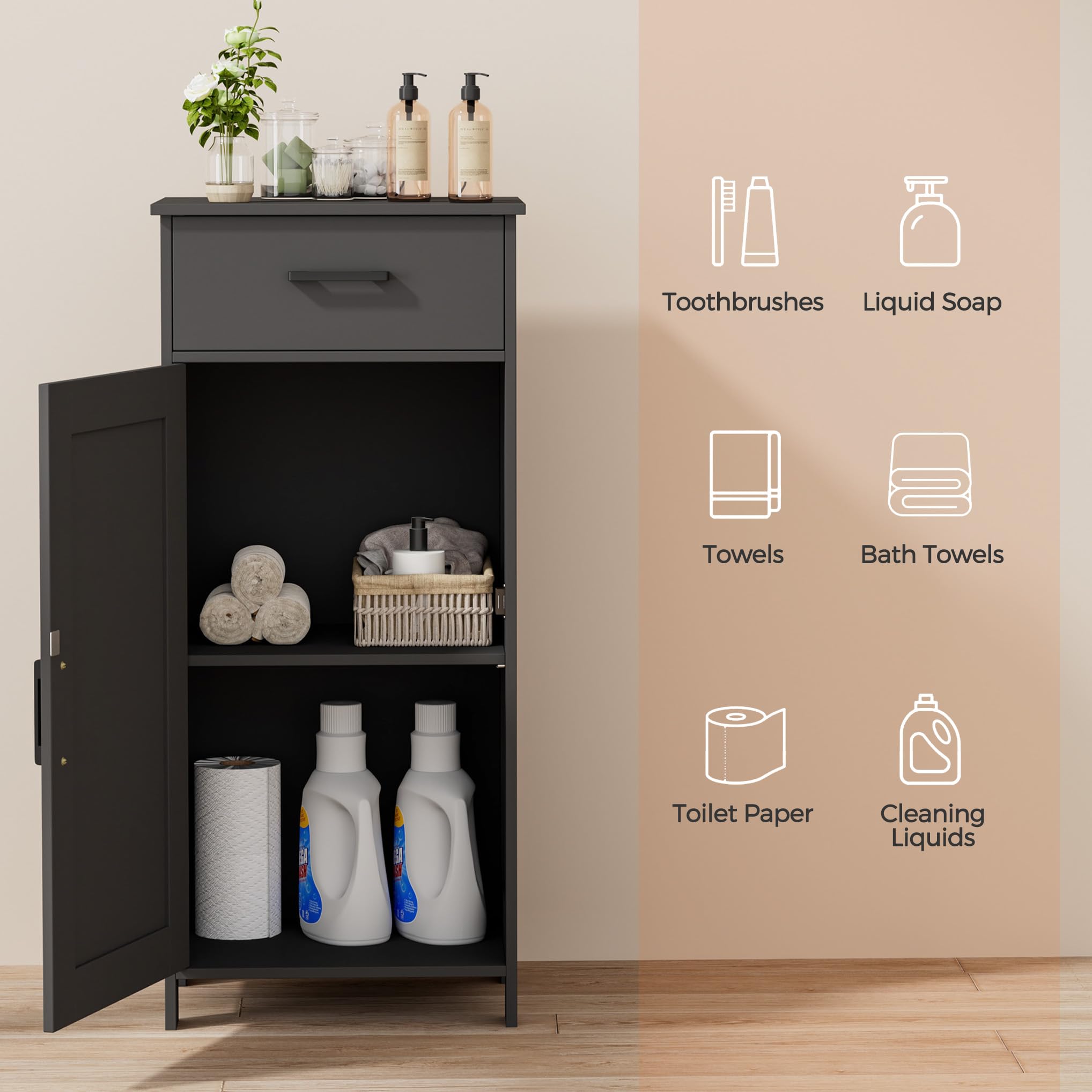 Homhedy interior shelves show adjustable storage for bottles and tall items.
