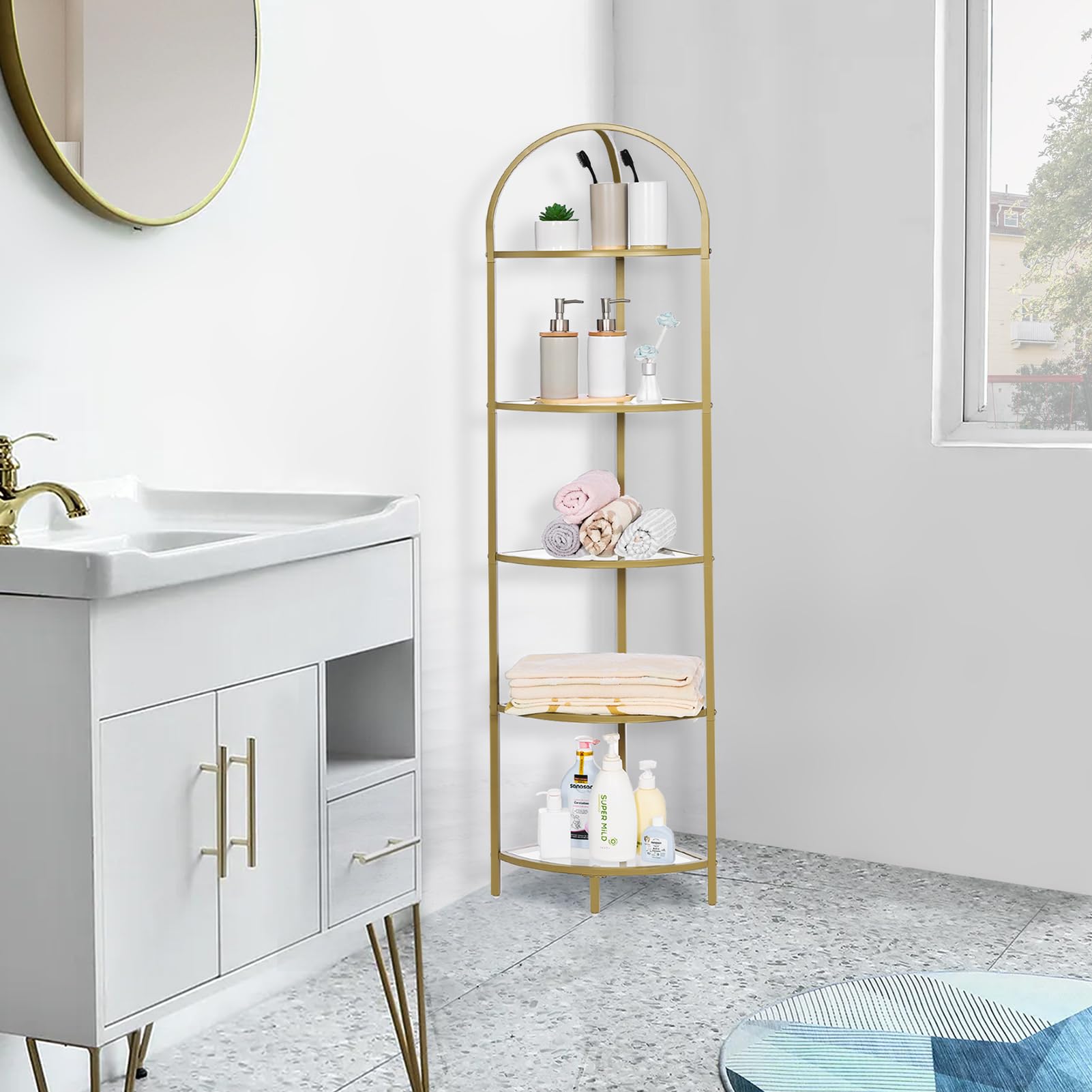 Homhedy bathroom organizer with heat-resistant glass shelves for toiletries.