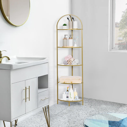Homhedy bathroom organizer with heat-resistant glass shelves for toiletries.